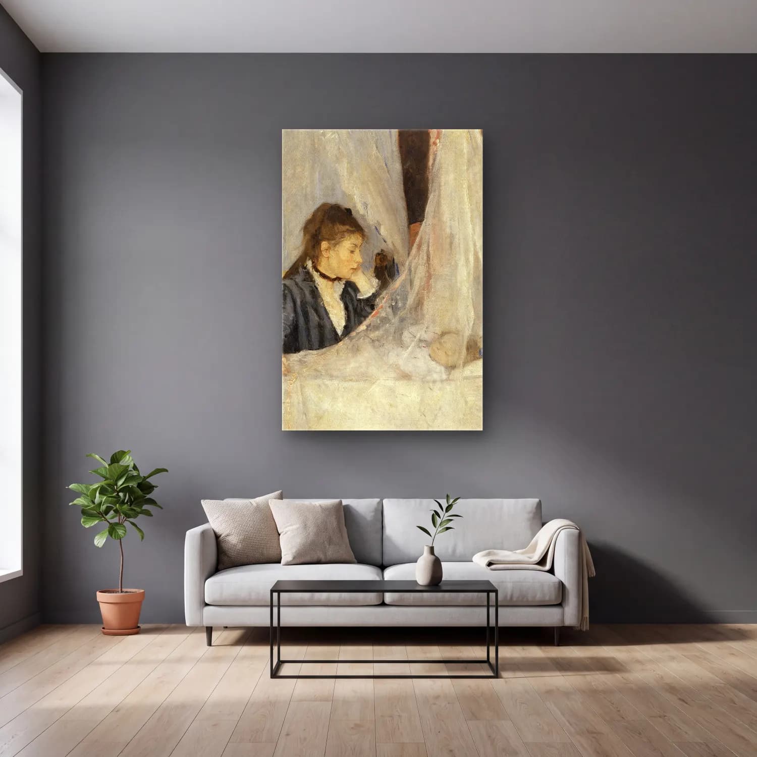 Berthe Morisot – The Cradle cam tablo — gri duvarlı salonda
