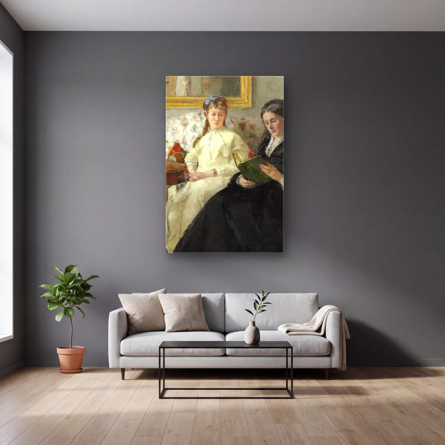 Berthe Morisot – The Mother and Sister of the Artist cam tablo — gri duvarlı salonda