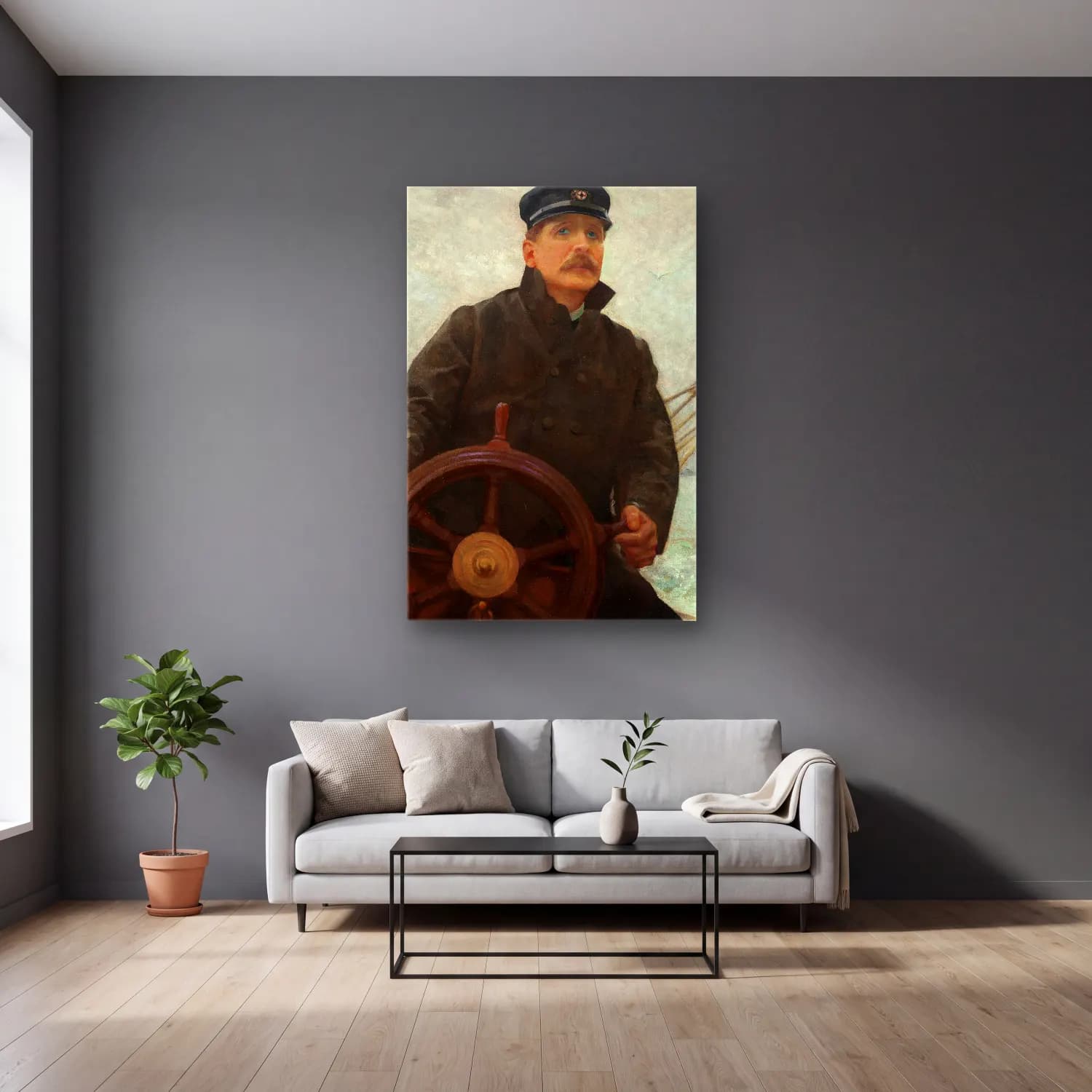 Robert William Vonnoh – At the Helm (Edward Dale Toland) (circa 1926) – Pastel Tonlar cam tablo — gri duvarlı salonda