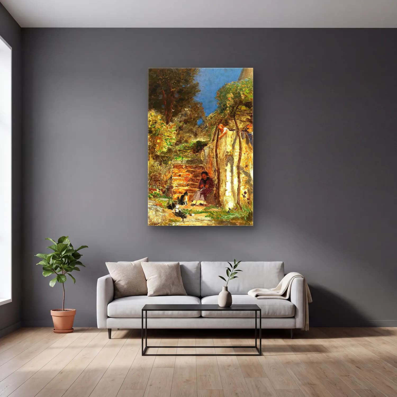 Olga Wisinger-Florian – Kittens playing in a southern landscape cam tablo — gri duvarlı salonda