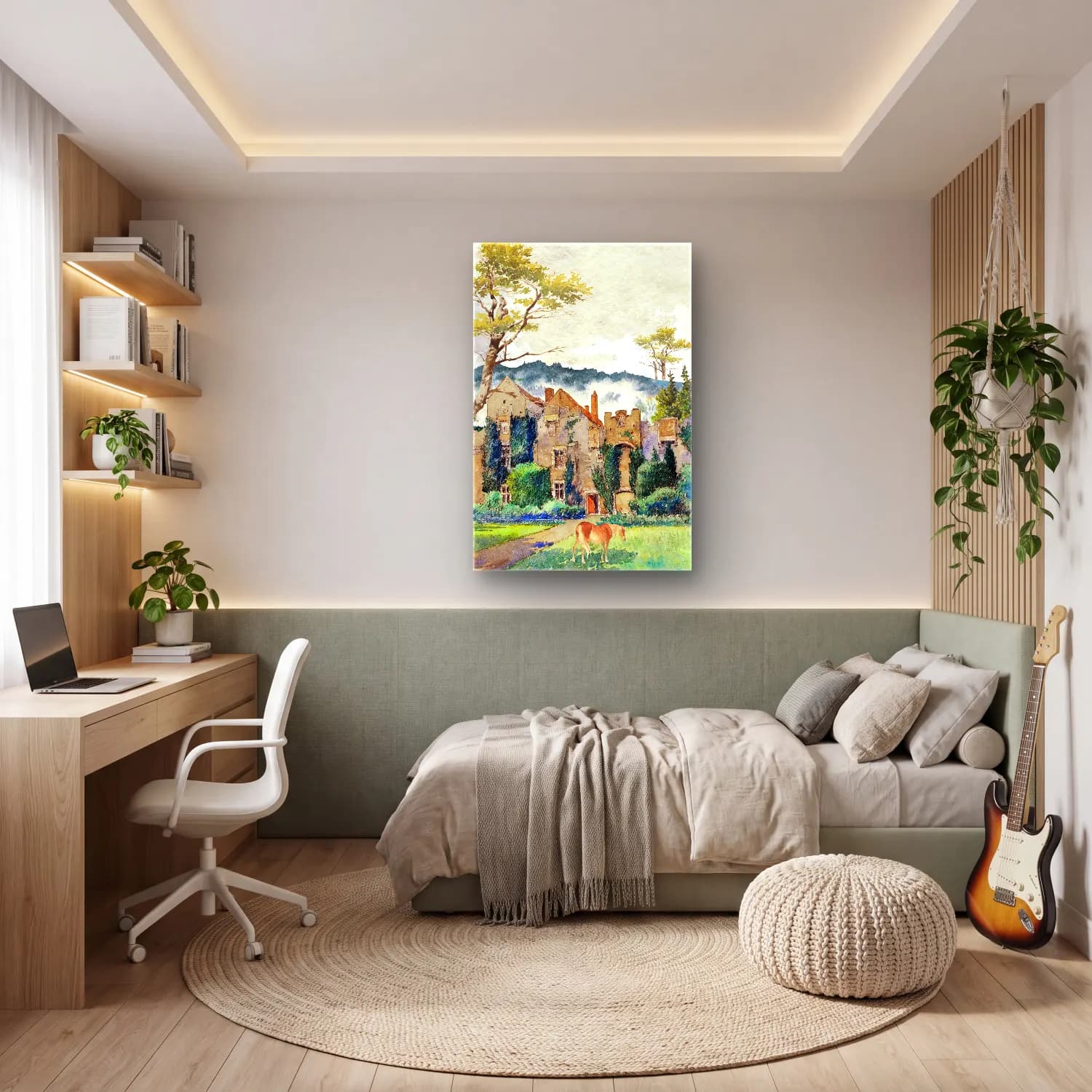 Suluboya Şato – Pastel Tonlar cam tablo — genç odasında