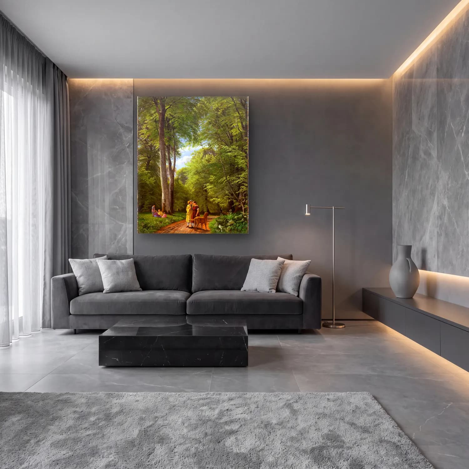 Yağlı Boya Orman No. 18 cam tablo — lüks salon duvarında