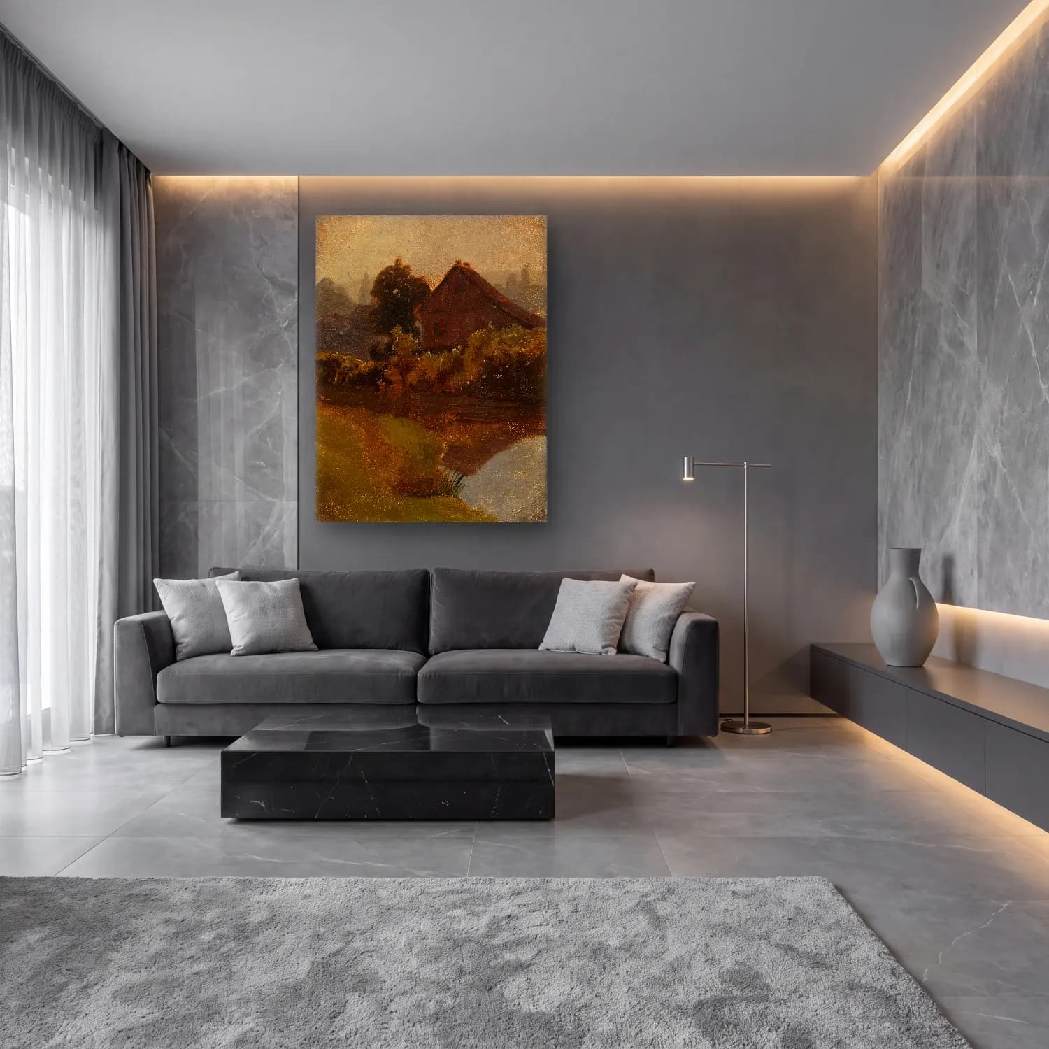 Yağlı Boya Kır Evi No. 26 cam tablo — lüks salon duvarında