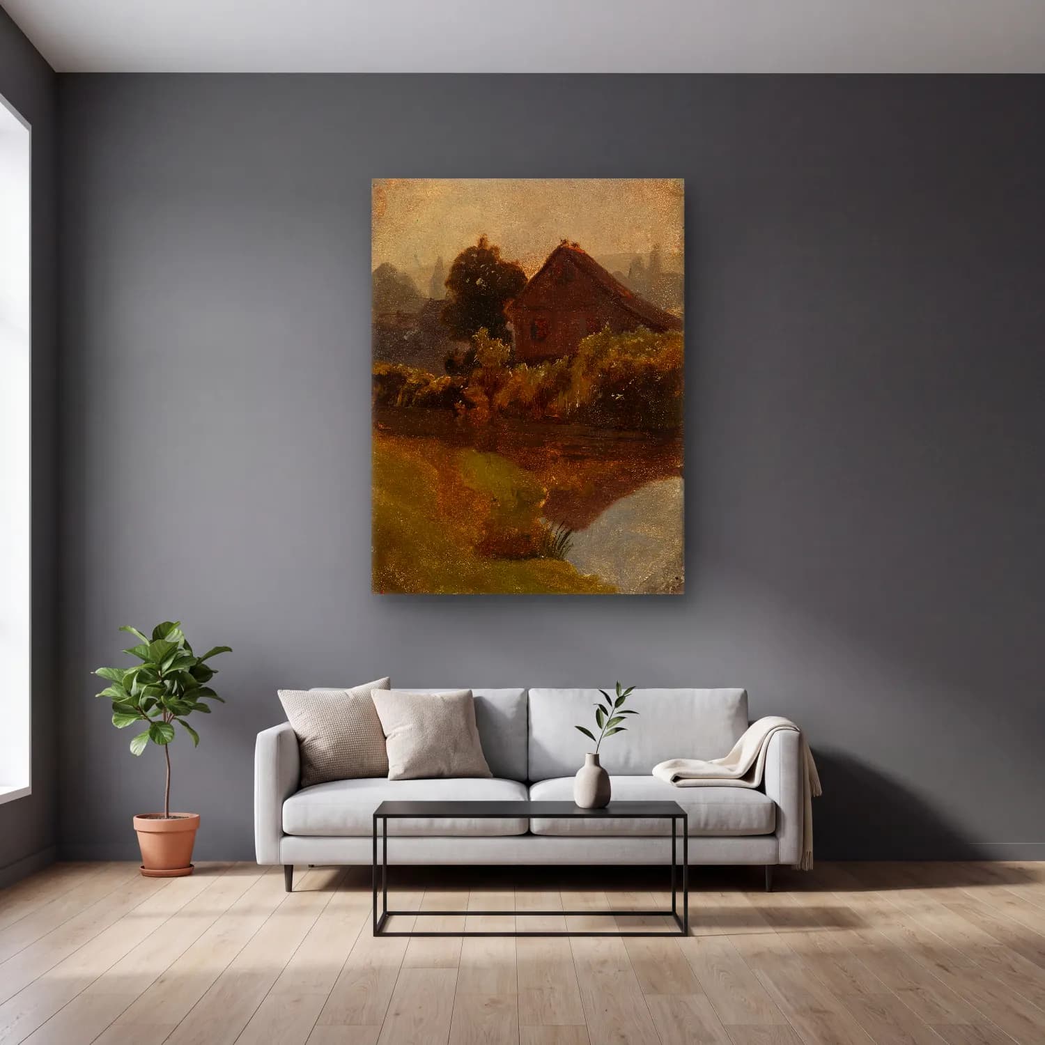 Yağlı Boya Kır Evi No. 26 cam tablo — gri duvarlı salonda