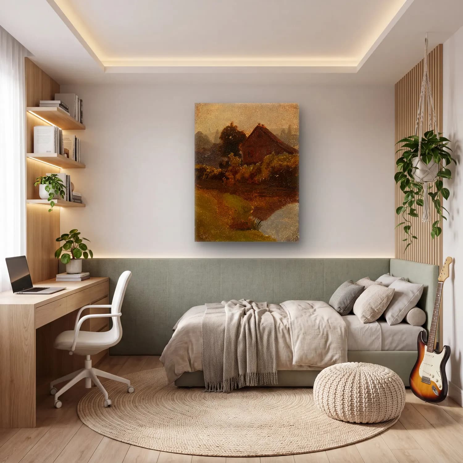 Yağlı Boya Kır Evi No. 26 cam tablo — genç odasında