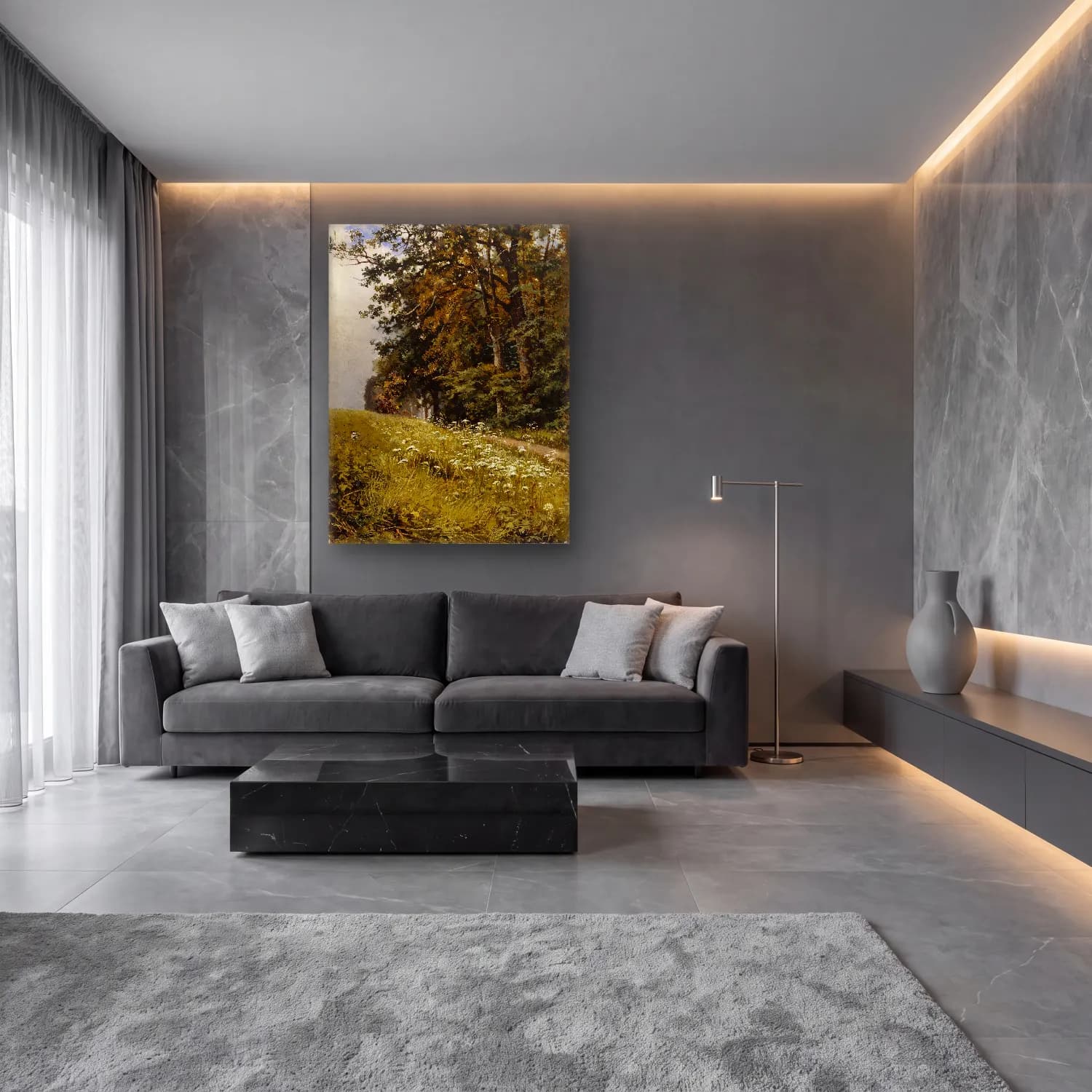 Yağlı Boya Çiçek Bahçesi No. 7 cam tablo — lüks salon duvarında