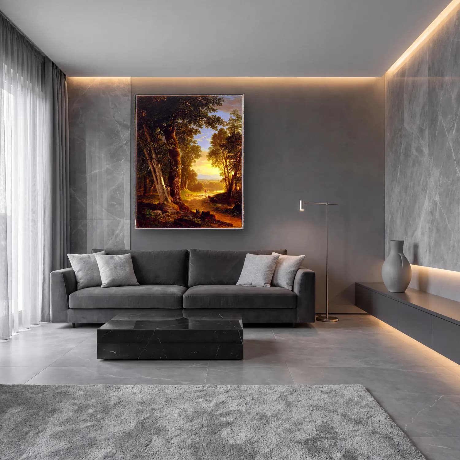 Yağlı Boya Orman No. 25 cam tablo — lüks salon duvarında