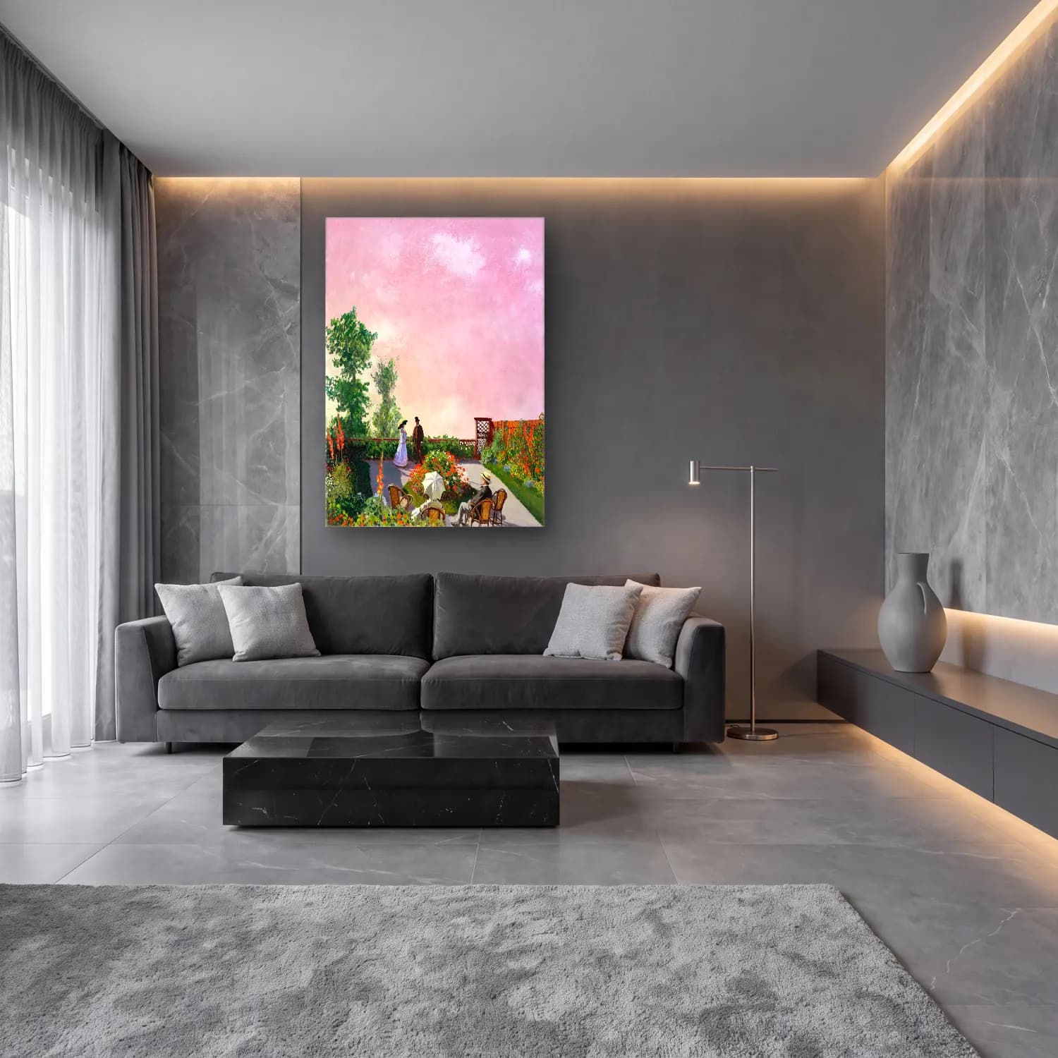Empresyonist Çiçek Bahçesi No. 14 cam tablo — lüks salon duvarında
