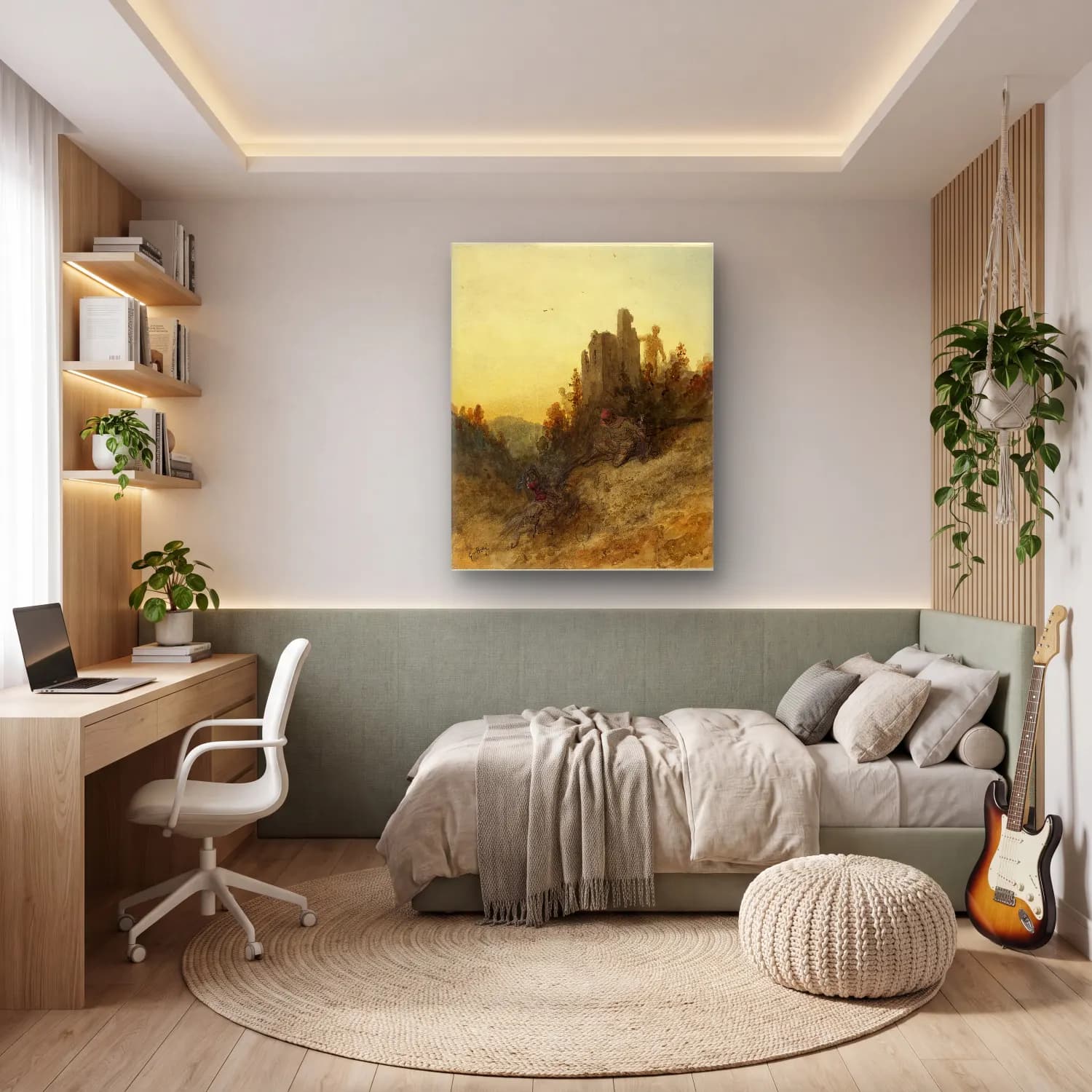 Suluboya Savaş Sahnesi – Pastel Tonlar cam tablo — genç odasında