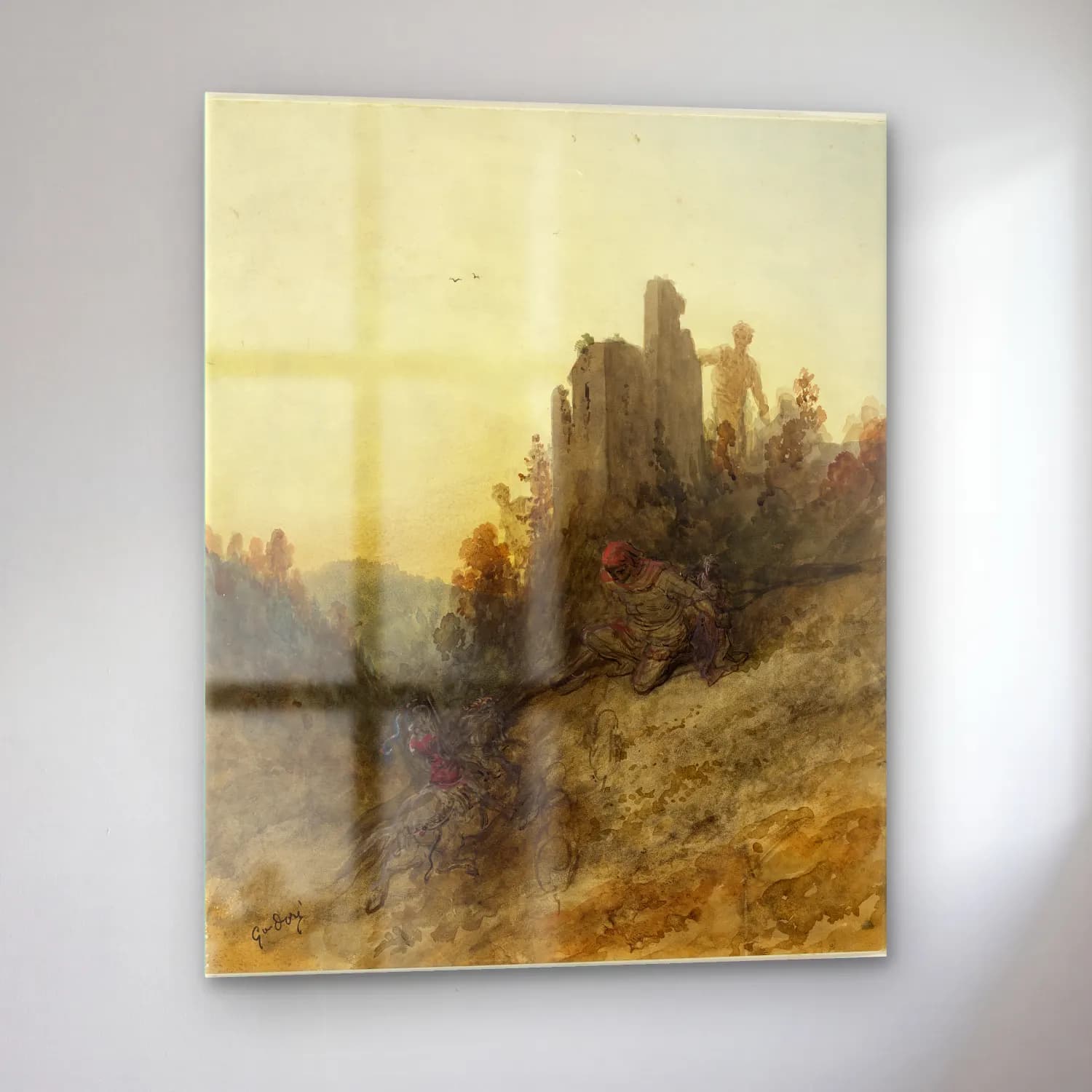 Suluboya Savaş Sahnesi – Pastel Tonlar cam tablo — sol açıdan görünüm