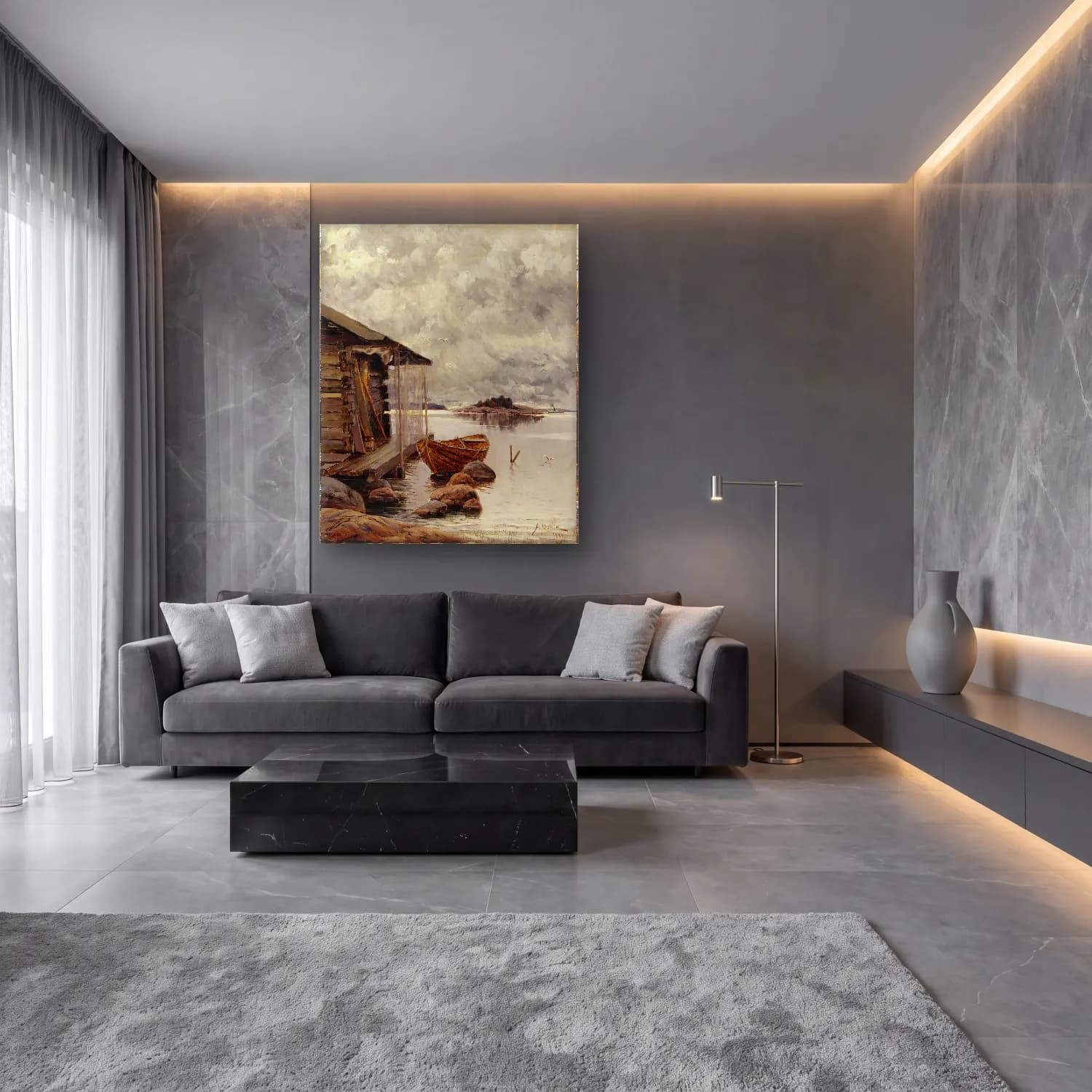 Yağlı Boya Liman ve Tekneler No. 45 cam tablo — lüks salon duvarında