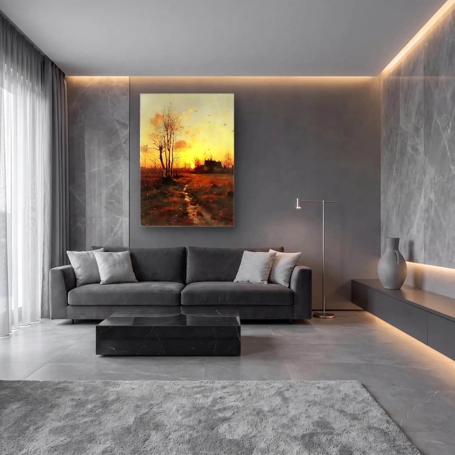 Yağlı Boya Kır Evi No. 49 cam tablo — lüks salon duvarında