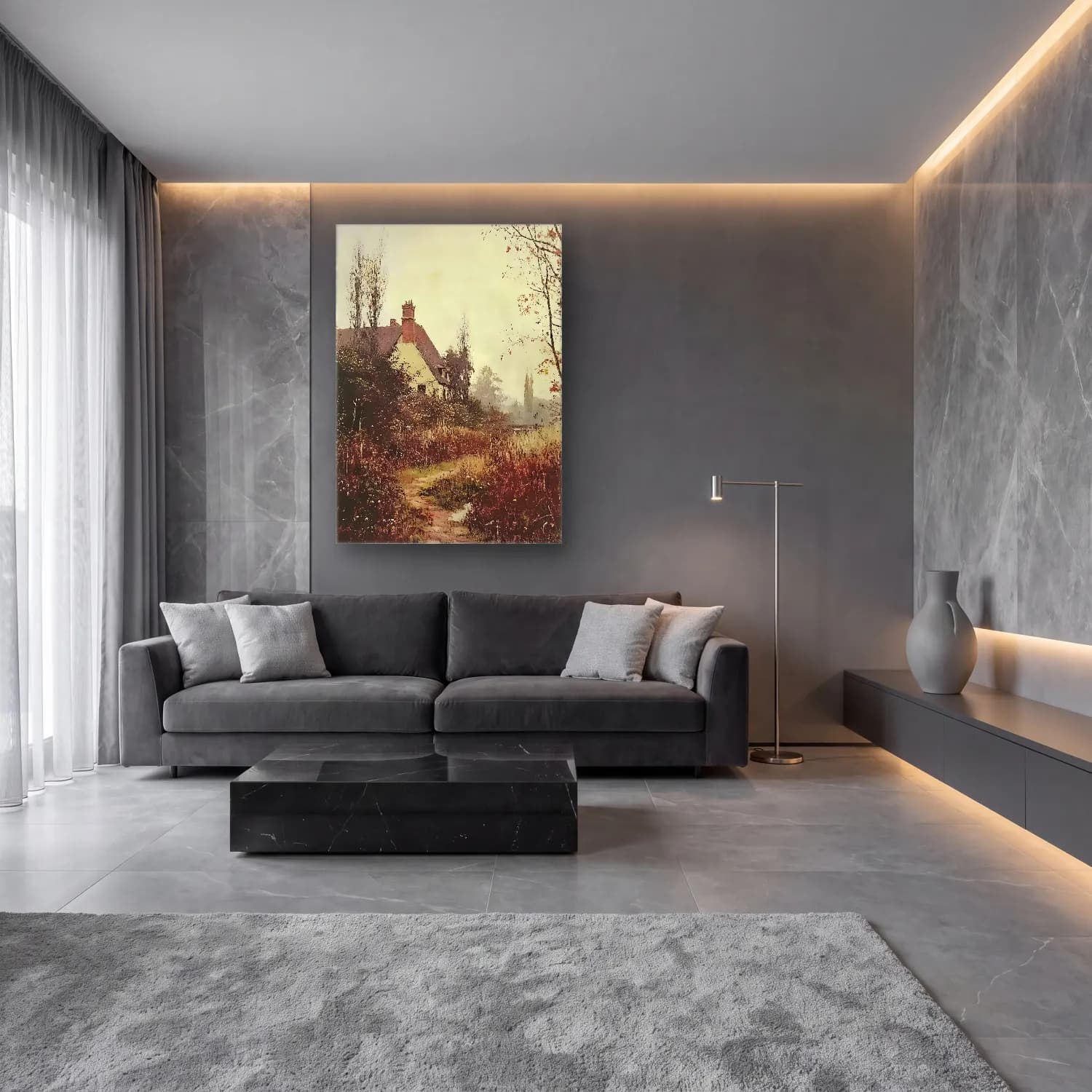 Suluboya Kır Evi No. 49 cam tablo — lüks salon duvarında