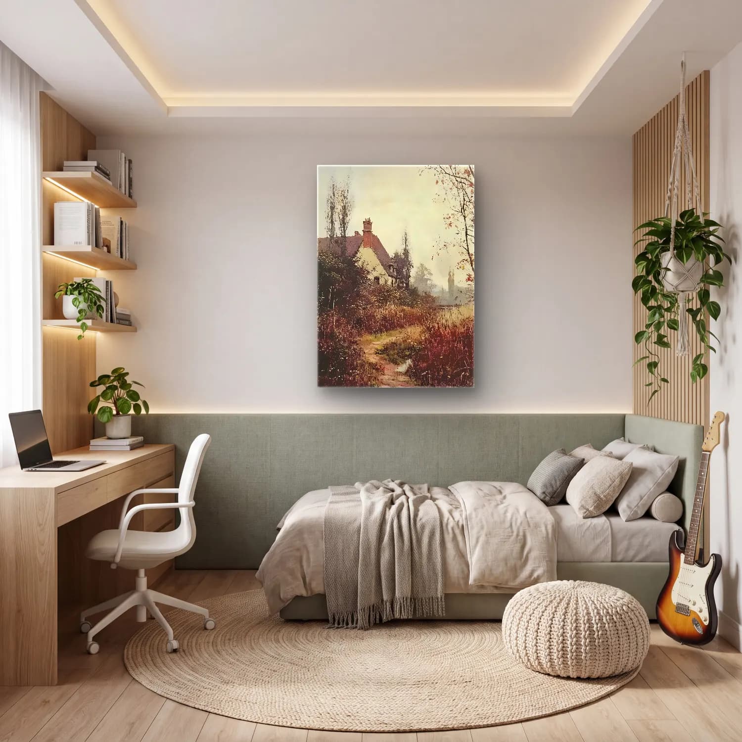 Suluboya Kır Evi No. 49 cam tablo — genç odasında
