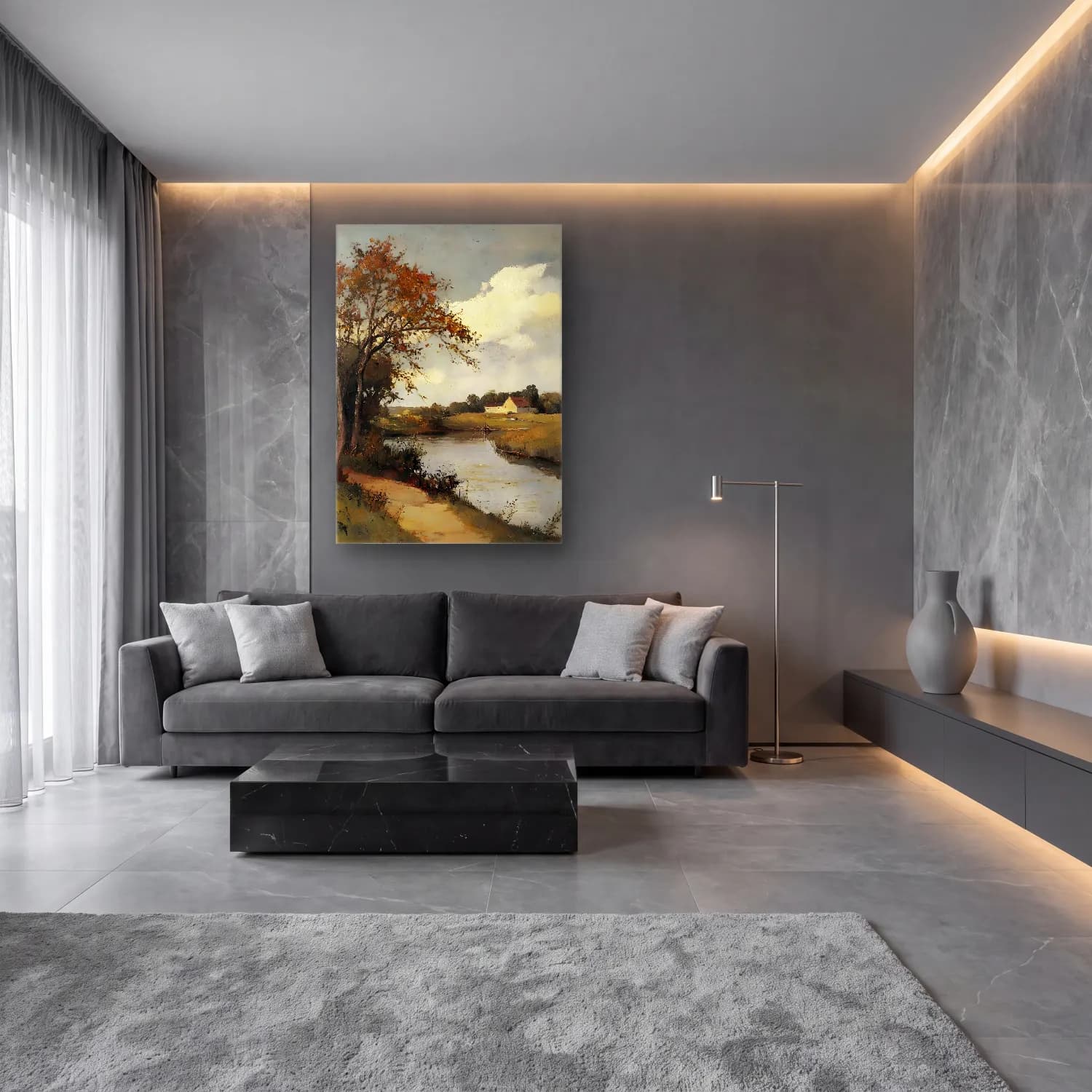 Yağlı Boya Kırda Nehir No. 73 cam tablo — lüks salon duvarında