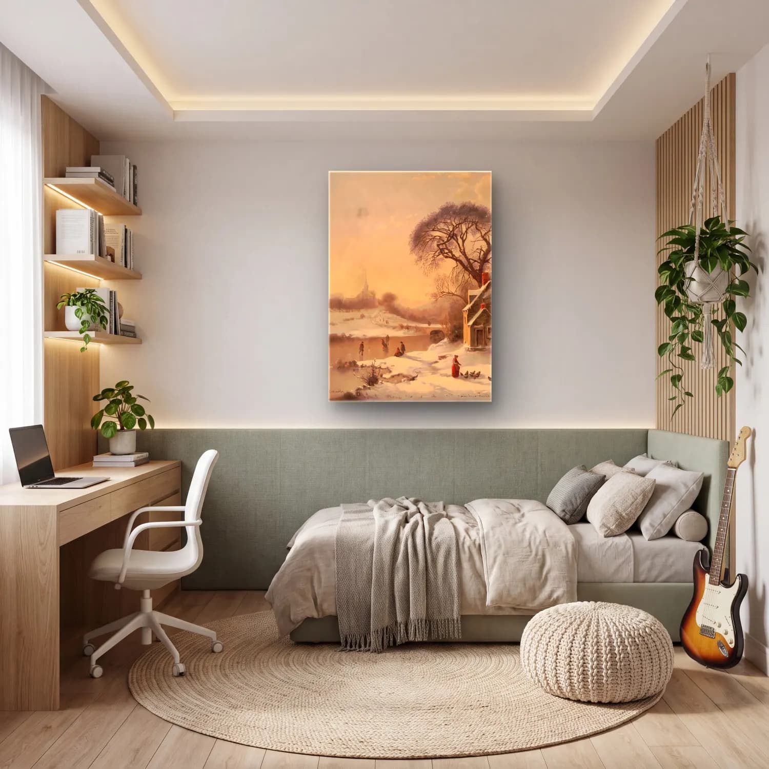 Yağlı Boya Karlı Kış Manzarası No. 74 cam tablo — genç odasında