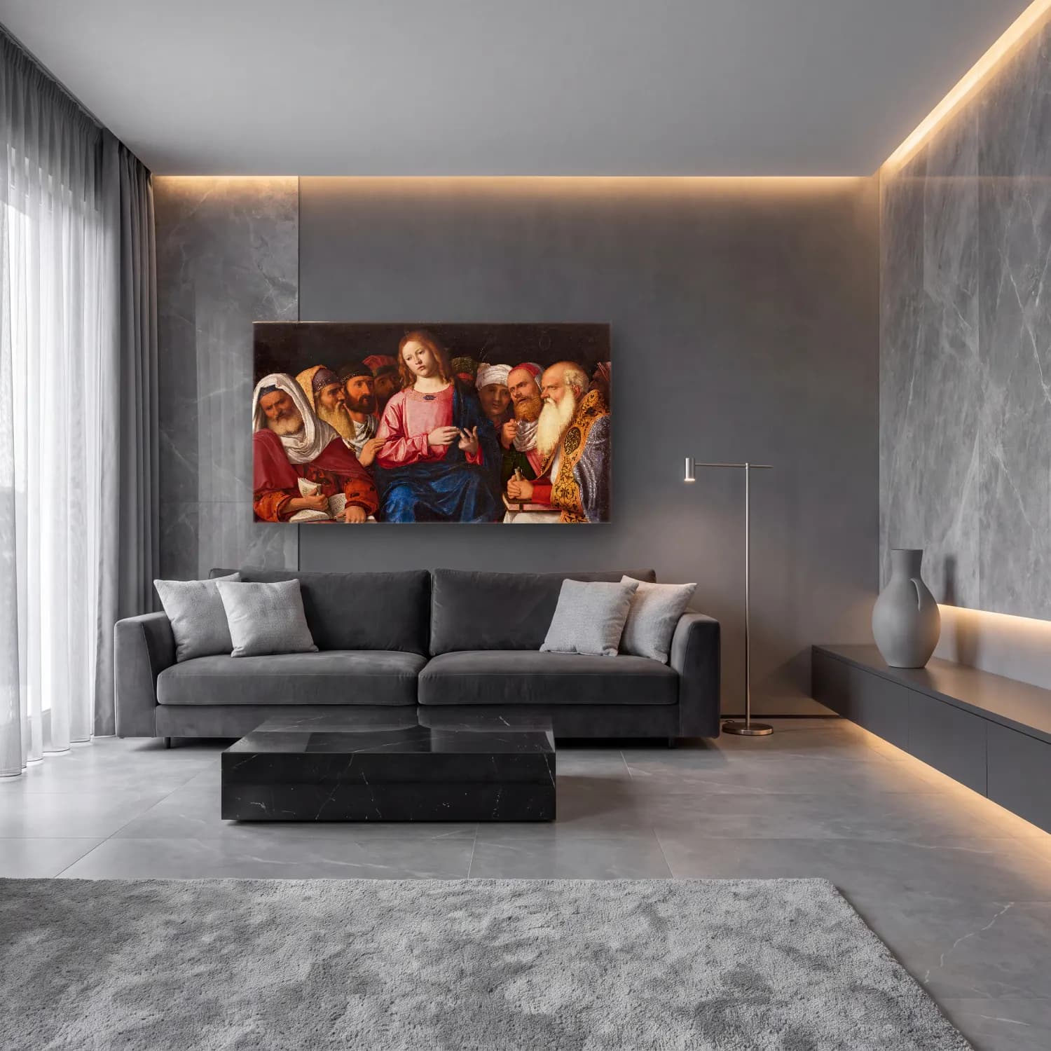 Yağlı Boya Dini Sahne – Kırmızı Tonlar cam tablo — lüks salon duvarında