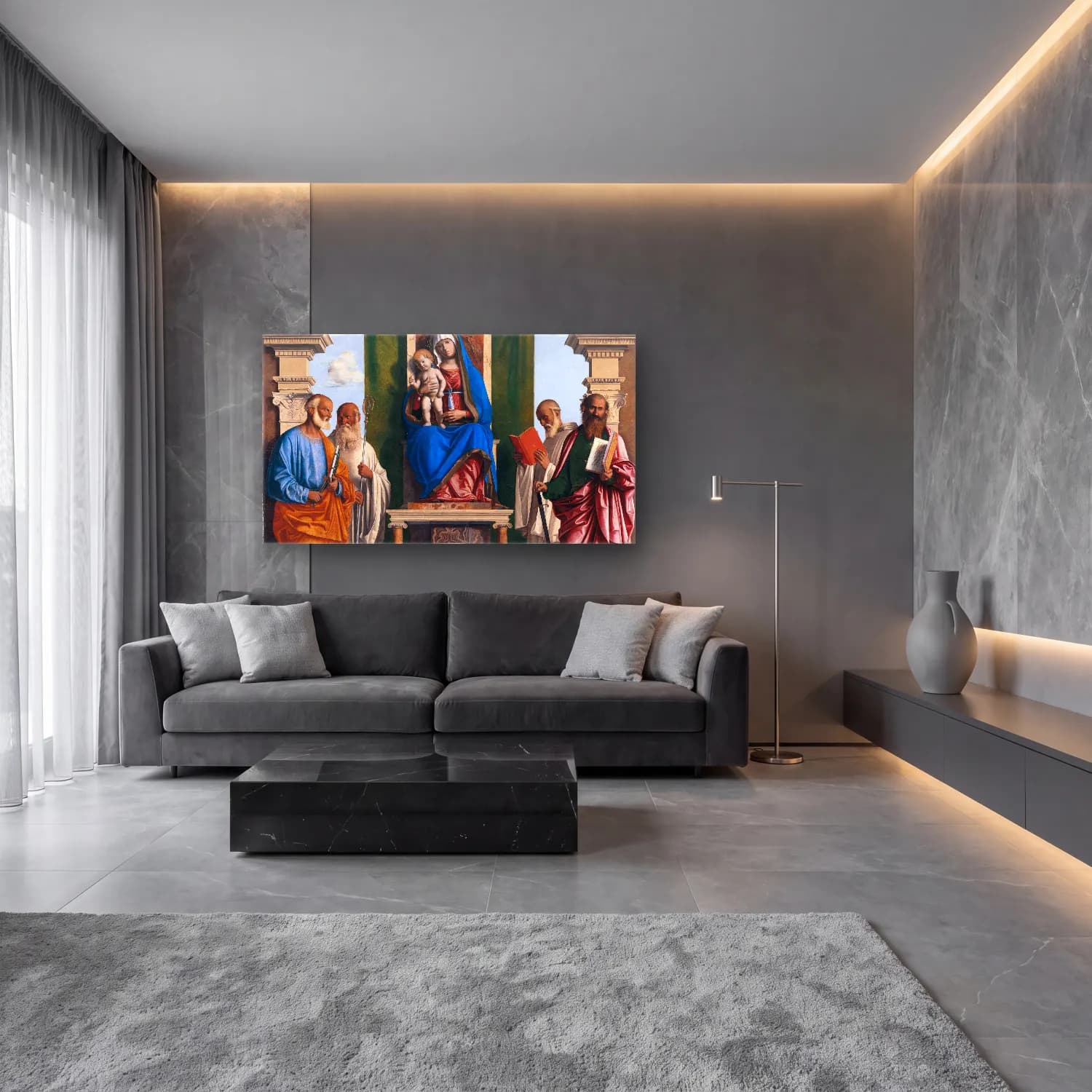Yağlı Boya Dini Sahne – Mavi Tonlar cam tablo — lüks salon duvarında