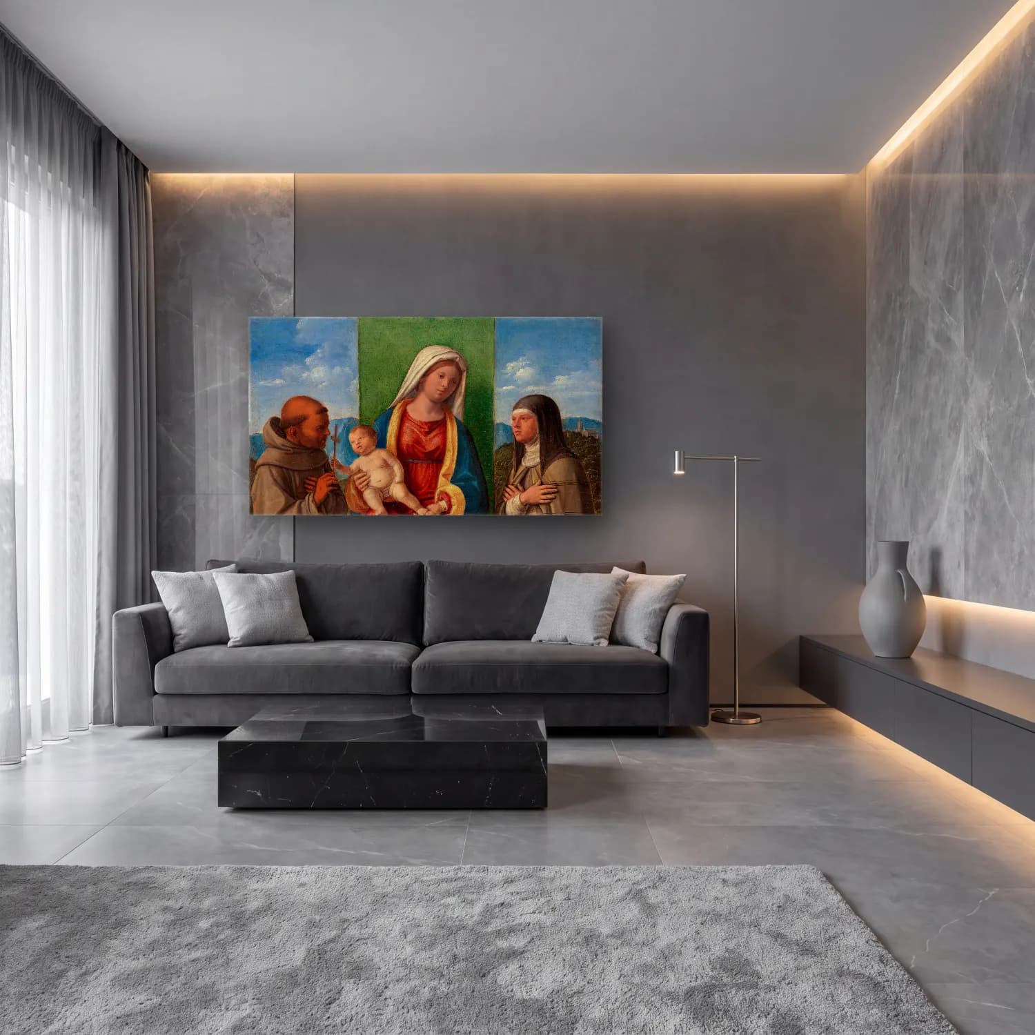 Yağlı Boya Dini Sahne – Yeşil Tonlar cam tablo — lüks salon duvarında