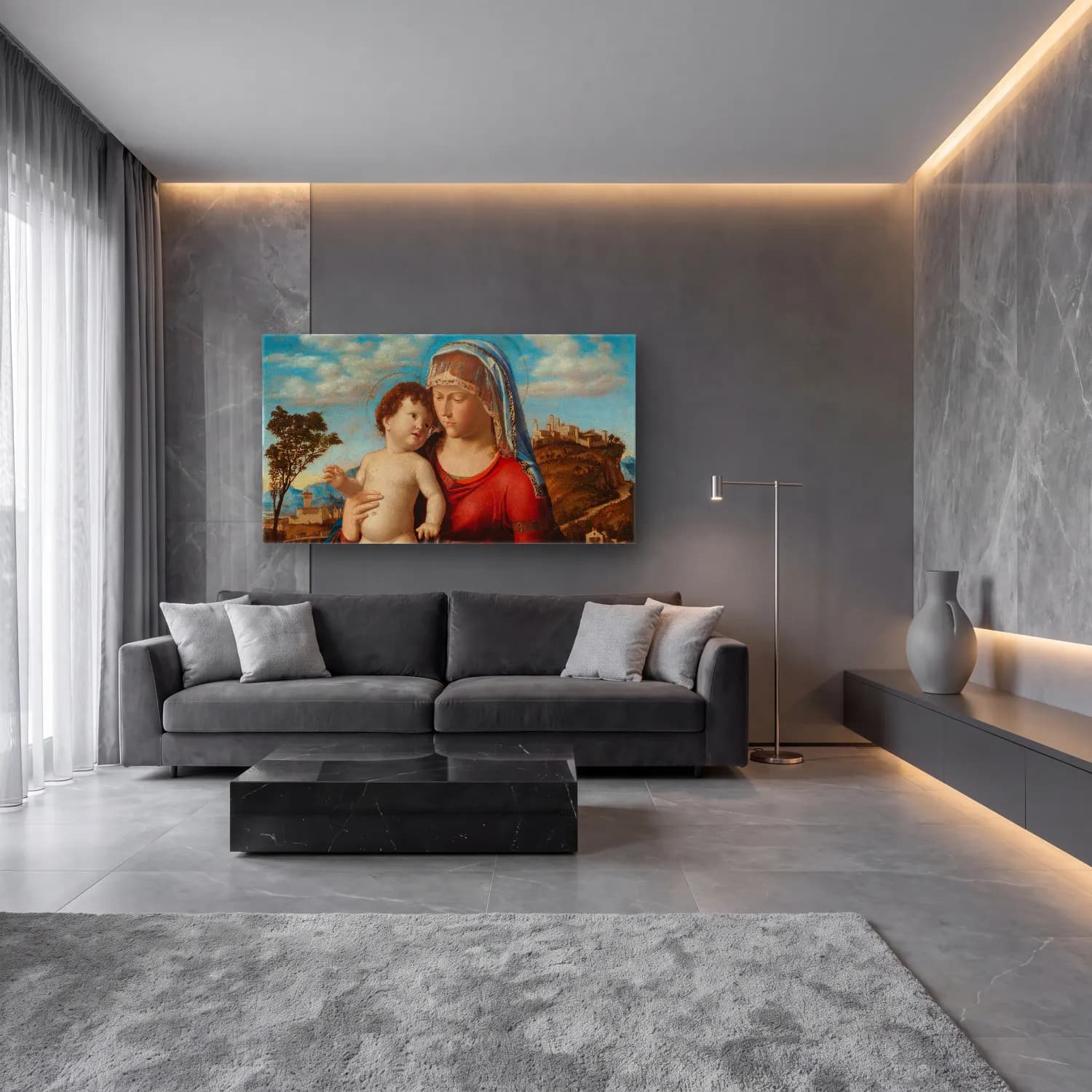 Yağlı Boya Anne ve Çocuk – Kırmızı Tonlar cam tablo — lüks salon duvarında