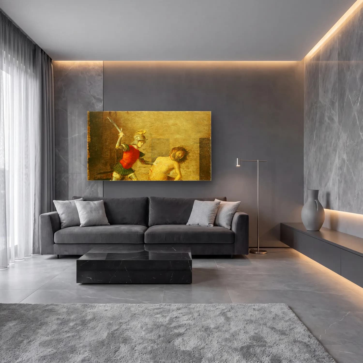 Yağlı Boya Şövalye – Sarı Tonlar cam tablo — lüks salon duvarında