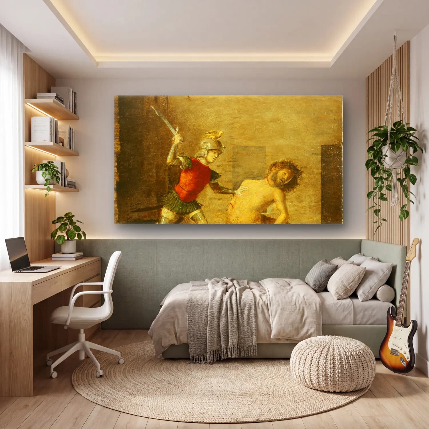 Yağlı Boya Şövalye – Sarı Tonlar cam tablo — genç odasında