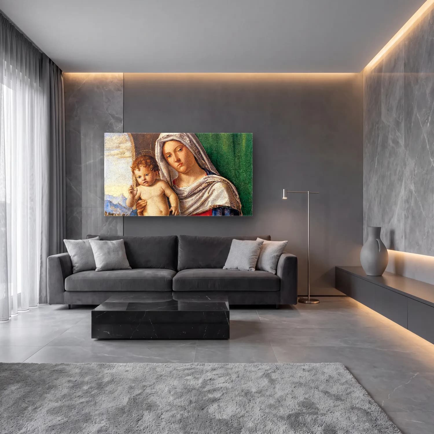Yağlı Boya Anne ve Çocuk – Siyah Beyaz Tonlar cam tablo — lüks salon duvarında