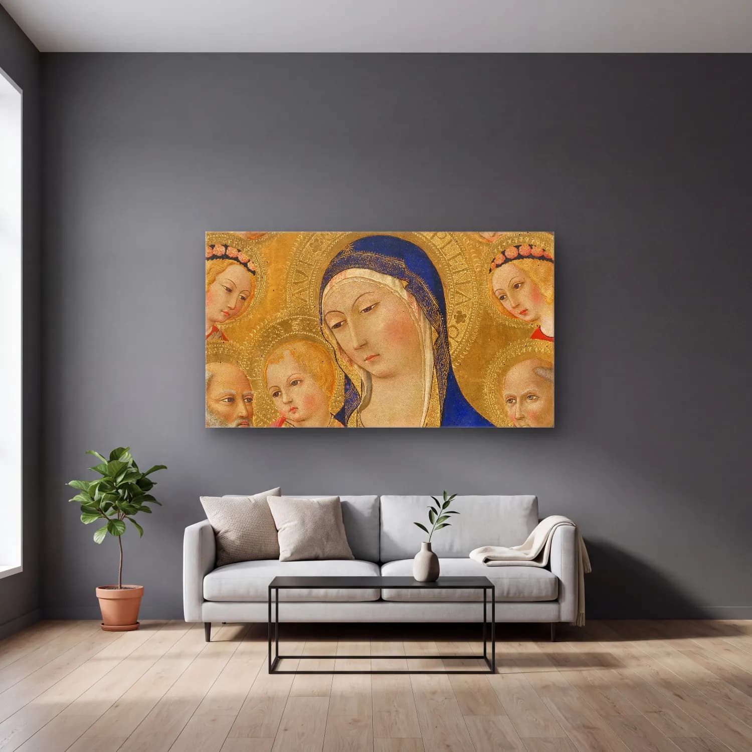 Sano di Pietro – Madonna and Child with Saint Jerome,Saint Bernardino and… cam tablo — gri duvarlı salonda