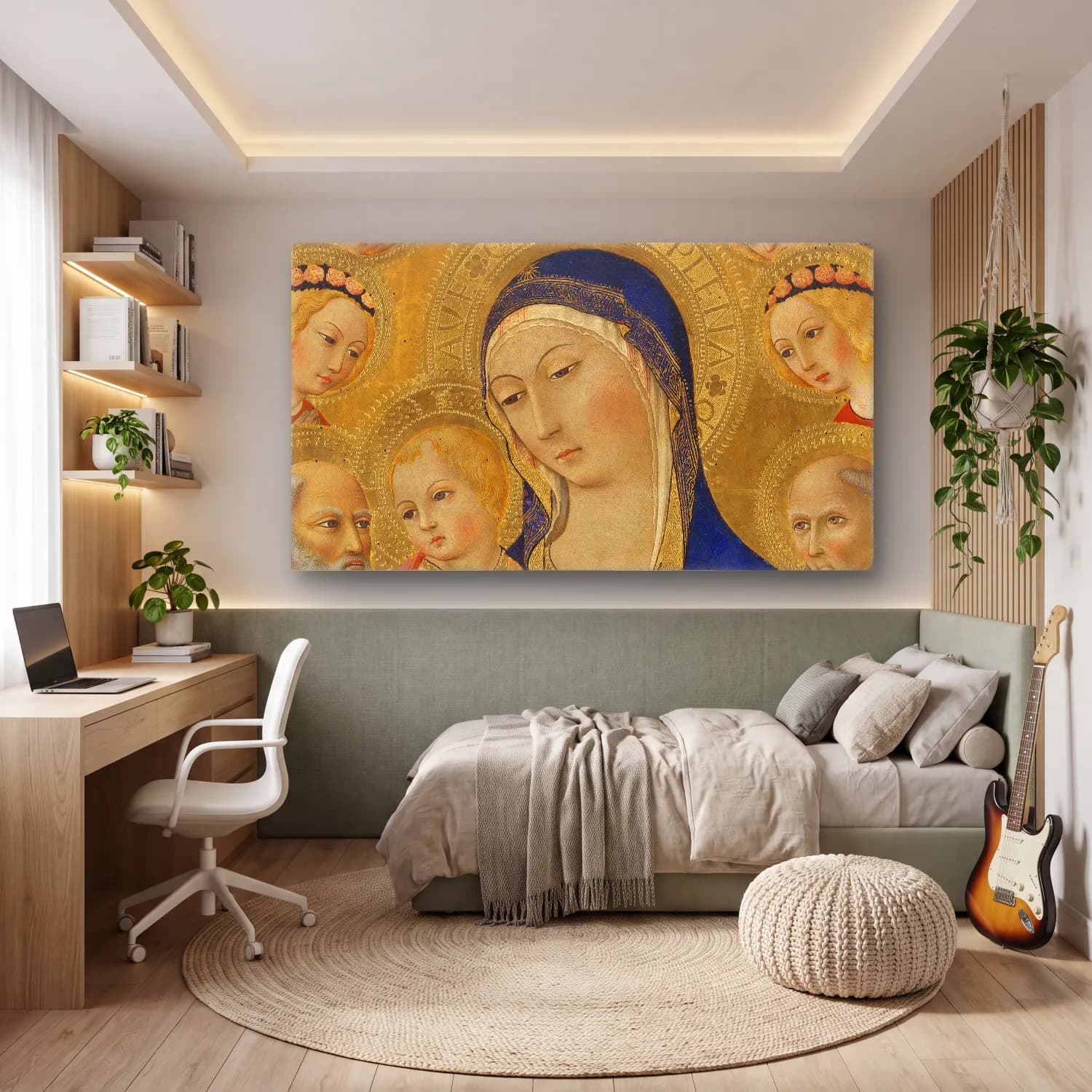 Sano di Pietro – Madonna and Child with Saint Jerome,Saint Bernardino and… cam tablo — genç odasında