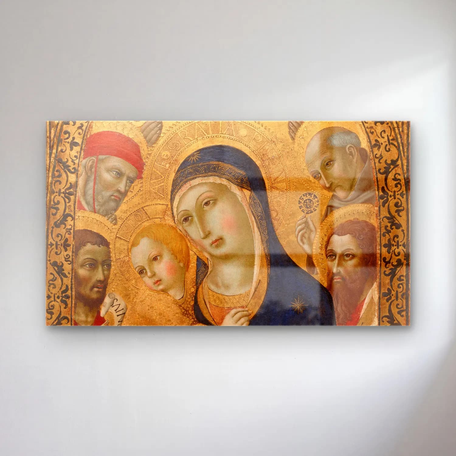 Sano di Pietro – Madonna and Child with Saints Jerome, John the Baptist,… cam tablo — Sano di Pietro – Madonna and Child with Saints Jerome, John the Baptist,… — yağlı boya dini sahne