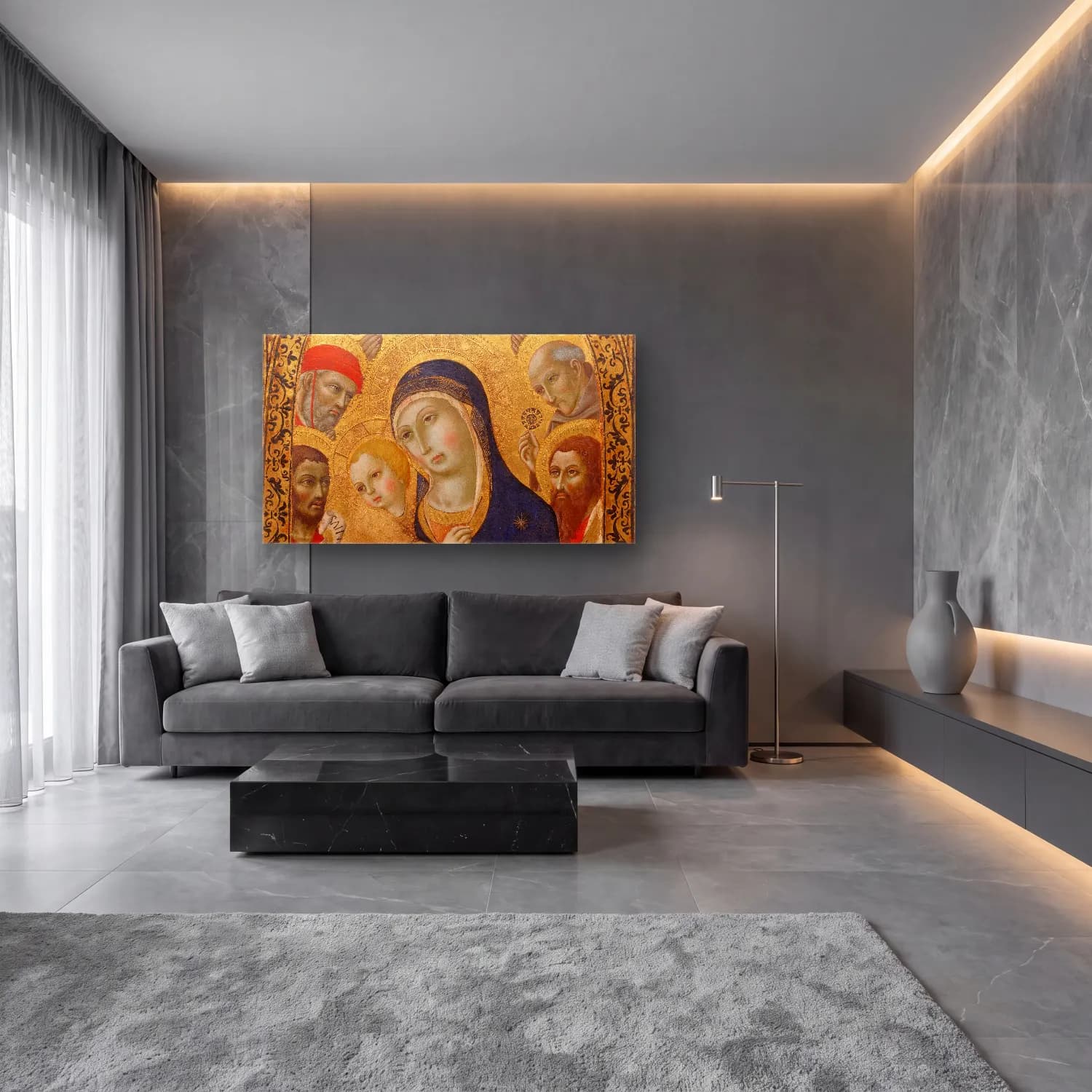 Sano di Pietro – Madonna and Child with Saints Jerome, John the Baptist,… cam tablo — lüks salon duvarında