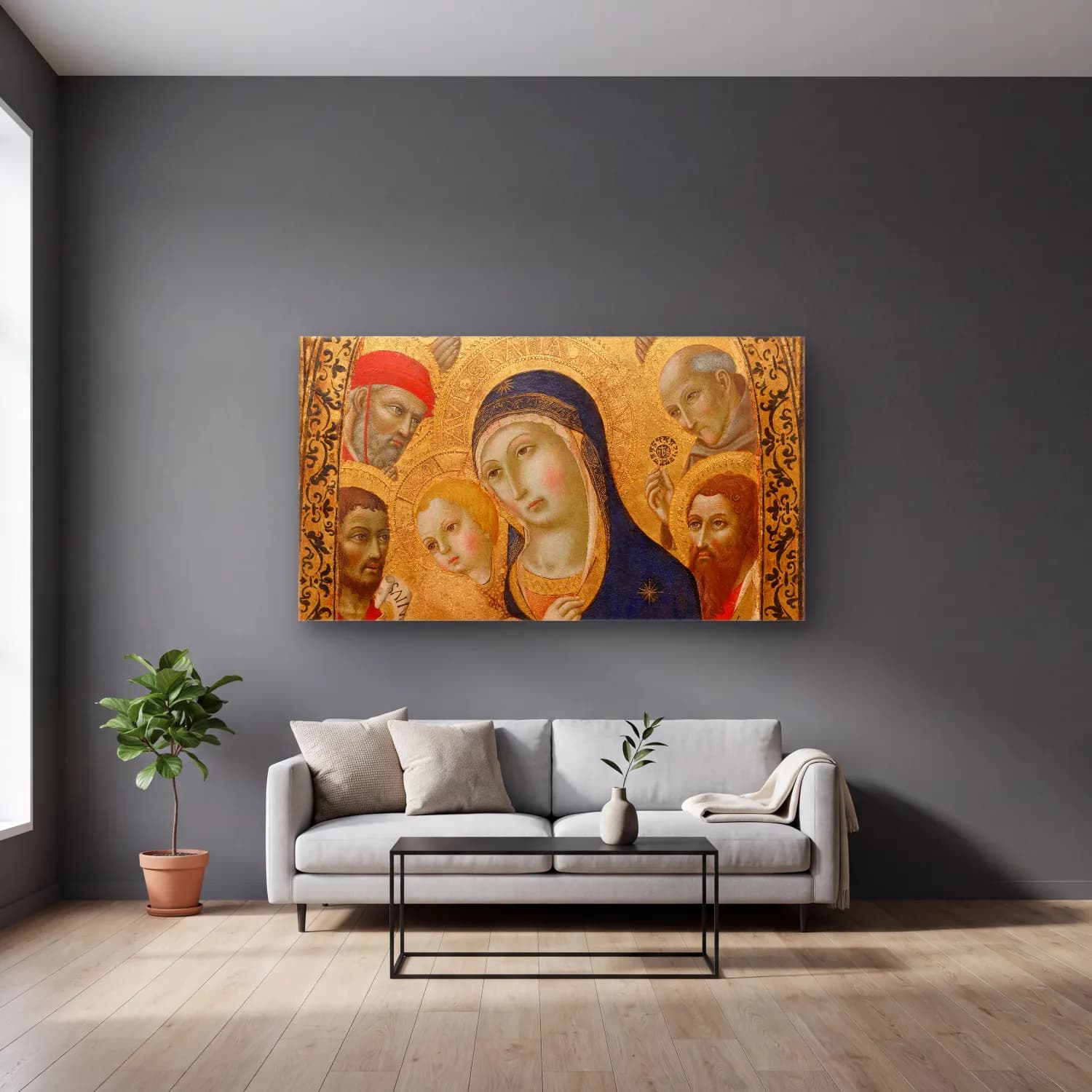 Sano di Pietro – Madonna and Child with Saints Jerome, John the Baptist,… cam tablo — gri duvarlı salonda