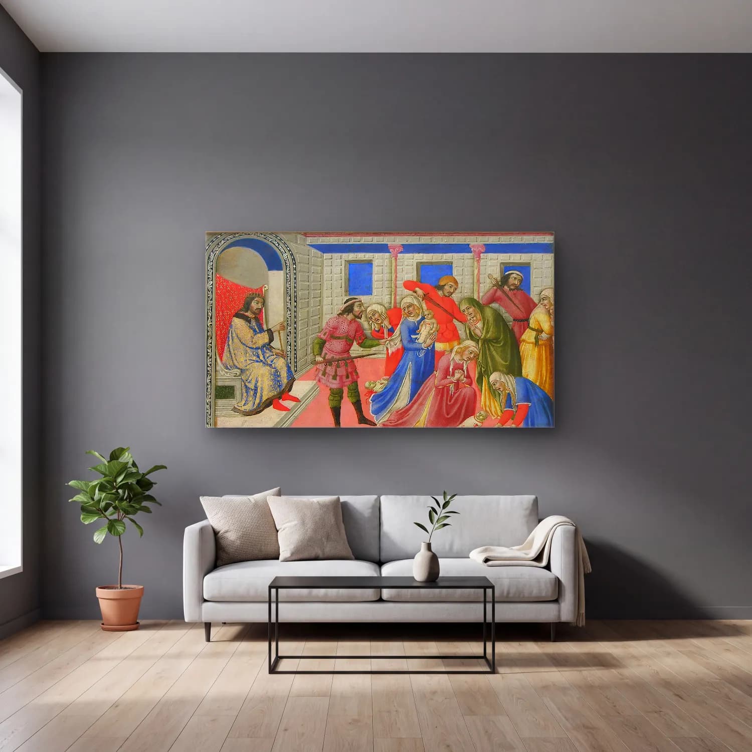 Sano di Pietro – The Massacre of the Innocents ca cam tablo — gri duvarlı salonda
