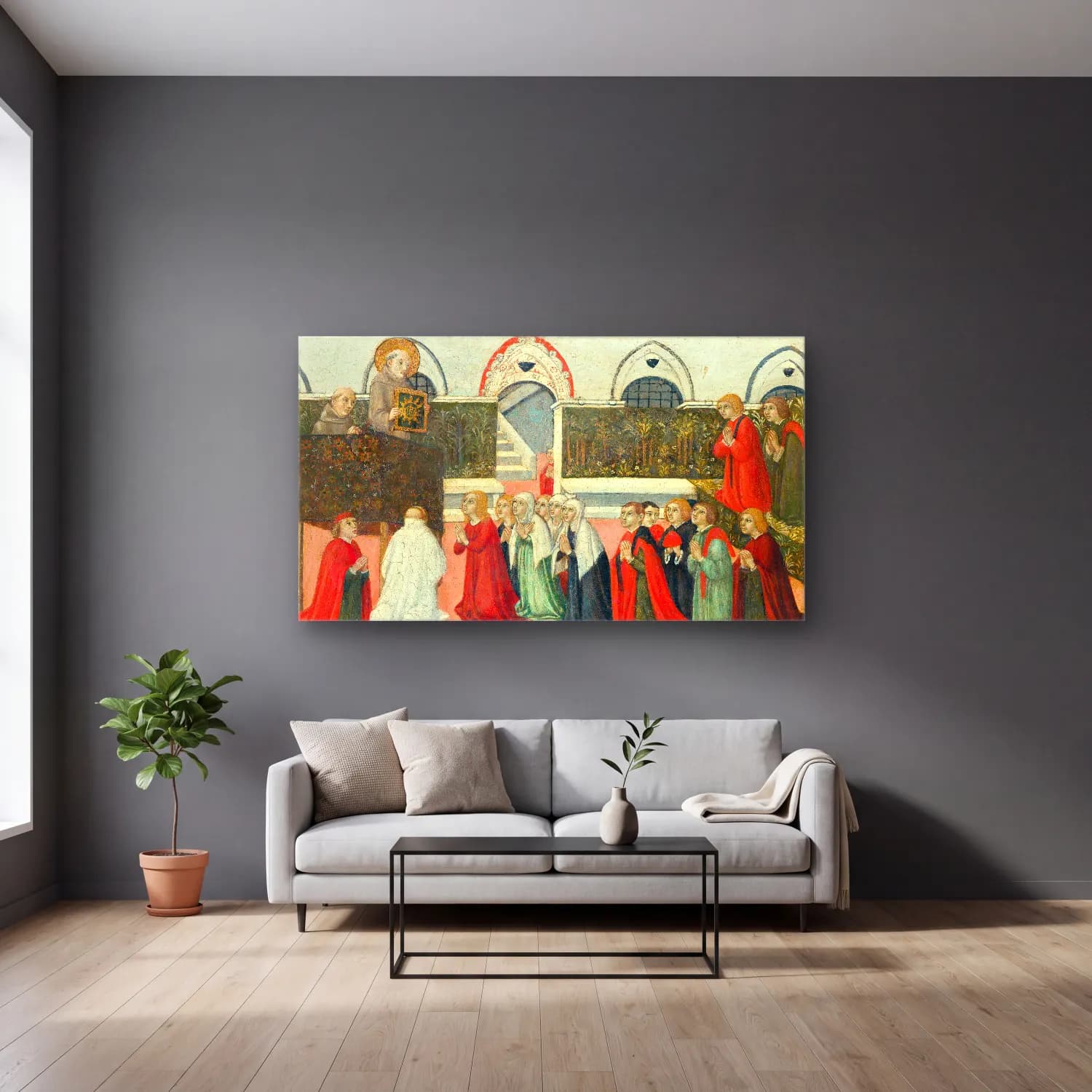 Sano di Pietro – The Preaching of Saint Bernardino cam tablo — gri duvarlı salonda