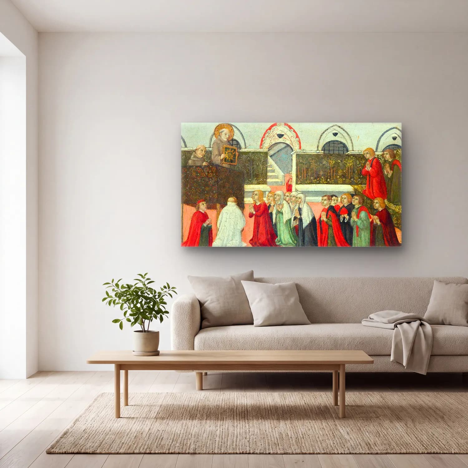 Sano di Pietro – The Preaching of Saint Bernardino cam tablo — açık renk salonda