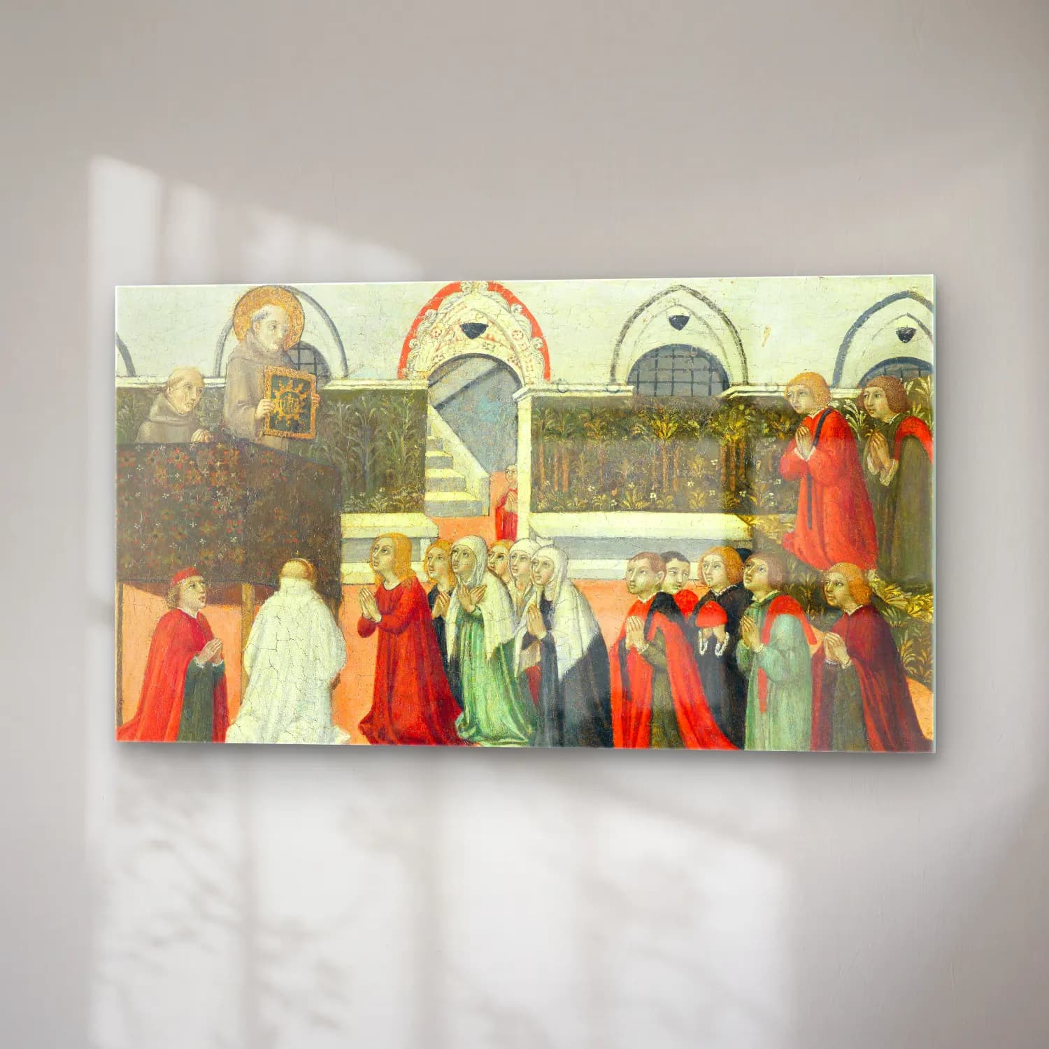 Sano di Pietro – The Preaching of Saint Bernardino cam tablo — sağ açıdan görünüm