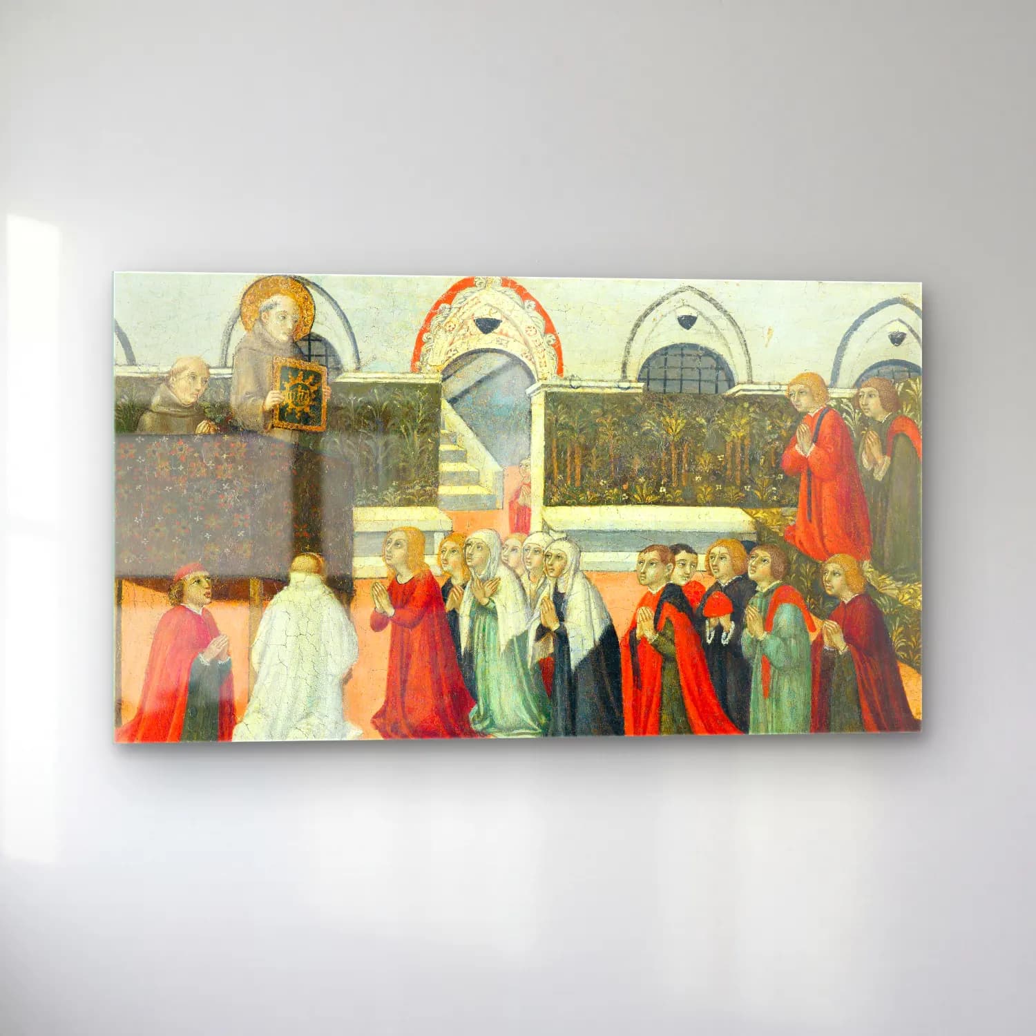 Sano di Pietro – The Preaching of Saint Bernardino cam tablo — sol açıdan görünüm