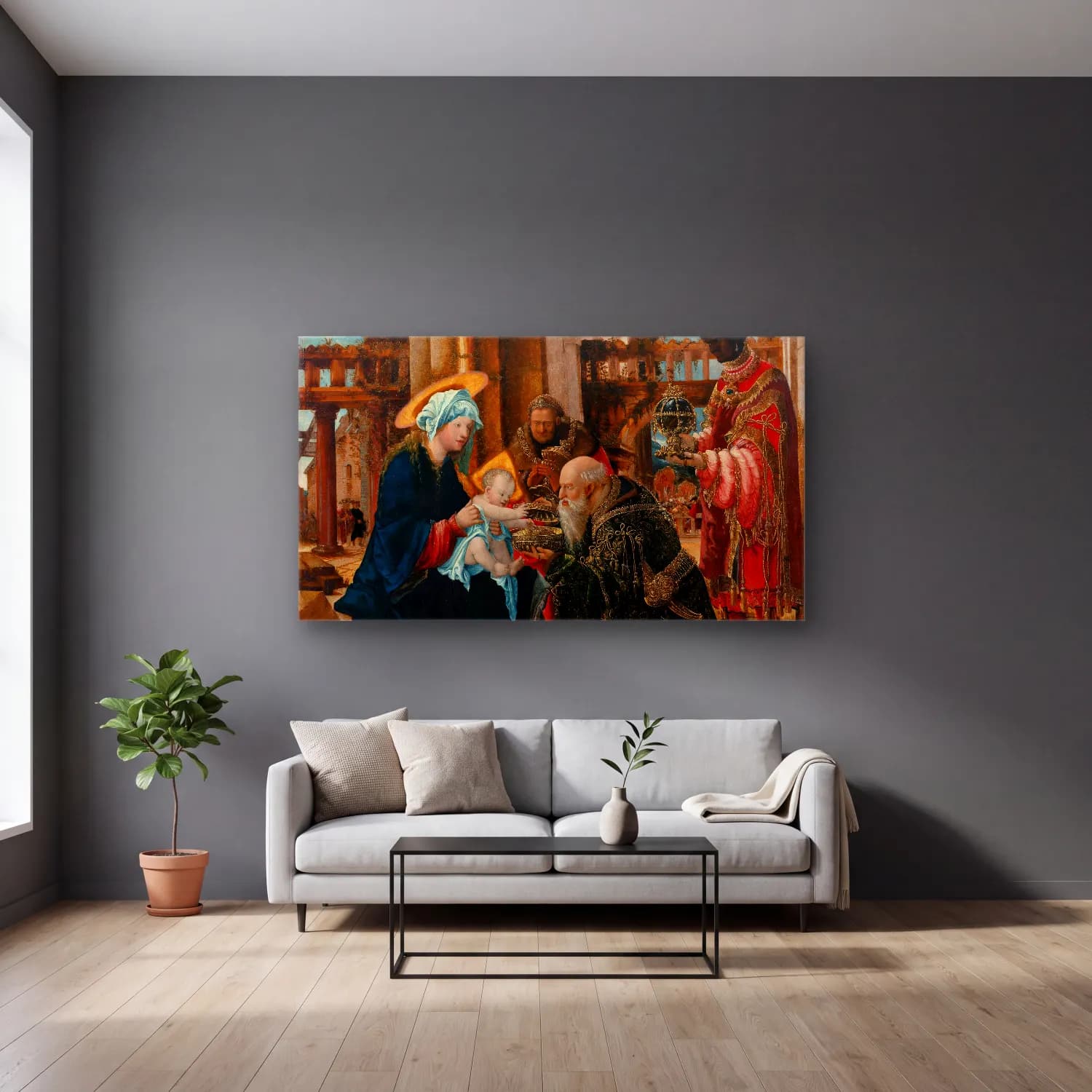 Albrecht Altdorfer – The Adoration of the Magi (ca. 1530 – 1535) cam tablo — gri duvarlı salonda