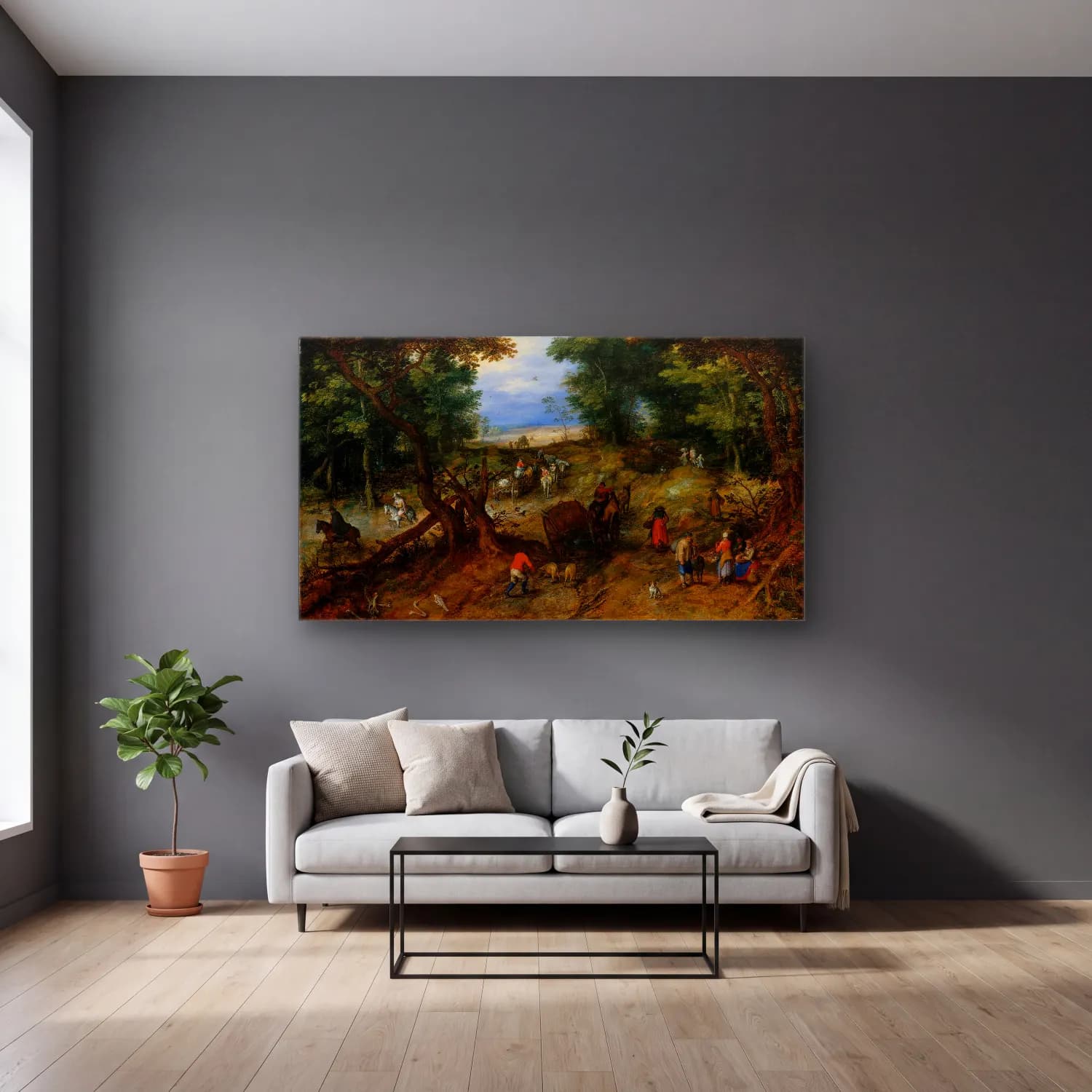 Jan Brueghel The Elder – A Woodland Road with Travelers cam tablo — gri duvarlı salonda