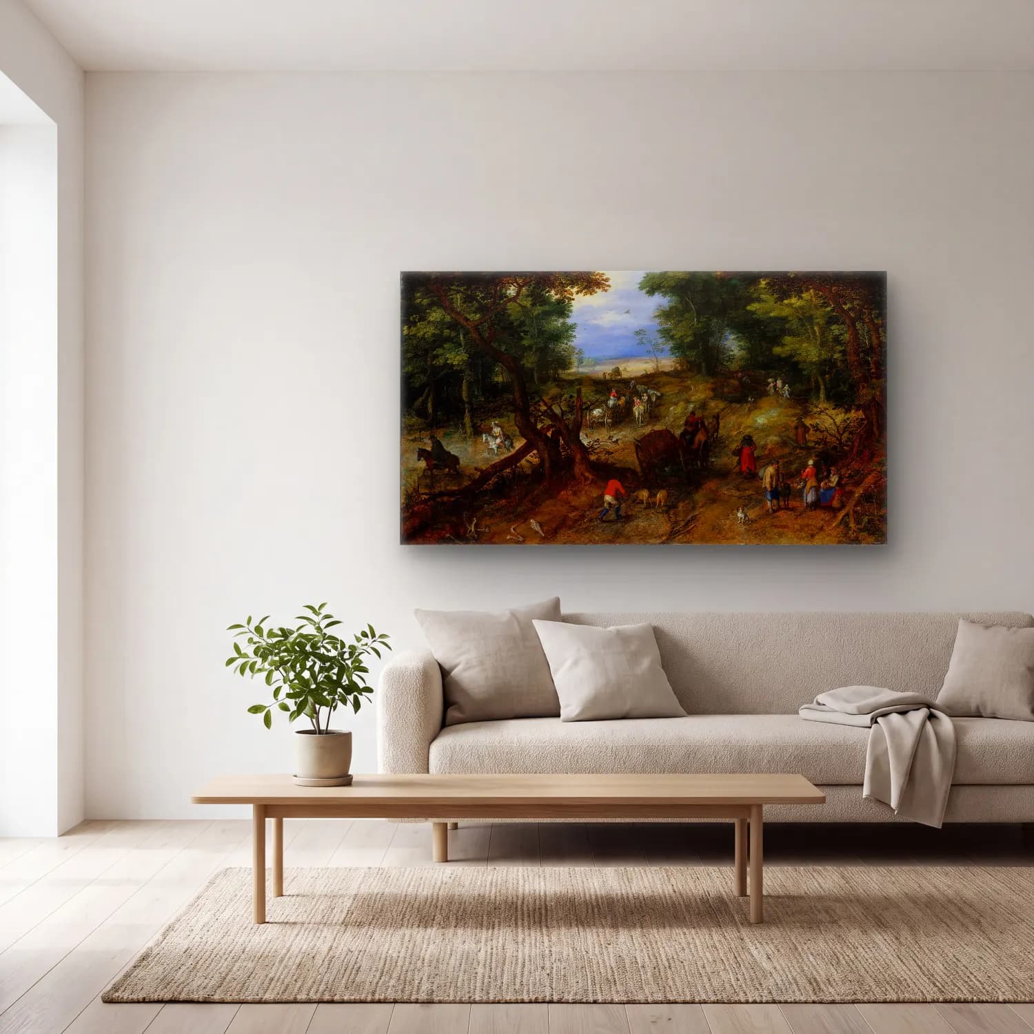 Jan Brueghel The Elder – A Woodland Road with Travelers cam tablo — açık renk salonda