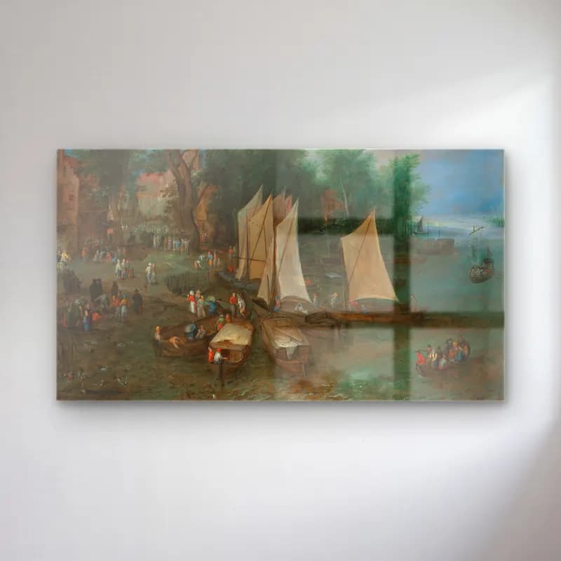Jan Brueghel The Elder – A landing stage near a village with shipping and figures cam tablo — Jan Brueghel The Elder – A landing stage near a village with shipping and figures — yağlı boya liman ve tekneler