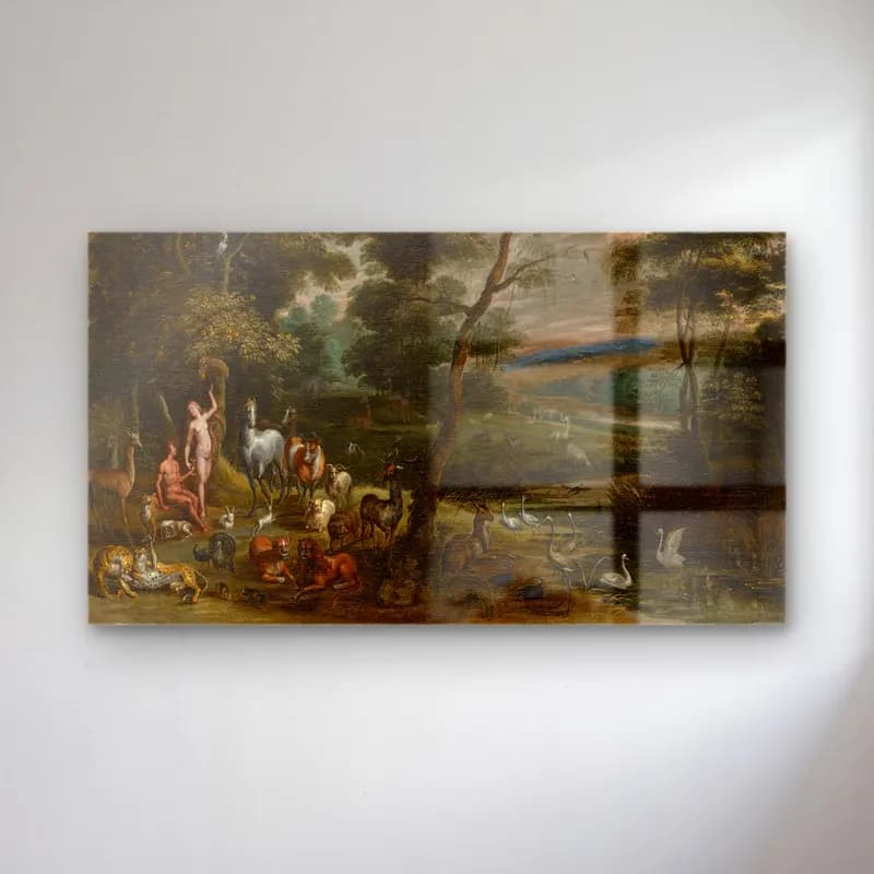Jan Brueghel The Elder – Adam and Eve in Paradise cam tablo — Jan Brueghel The Elder – Adam and Eve in Paradise — yağlı boya kırda nehir