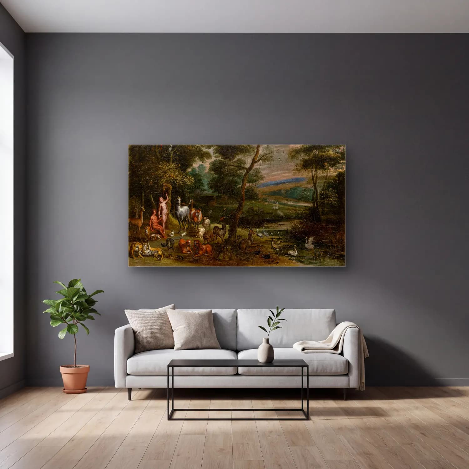 Jan Brueghel The Elder – Adam and Eve in Paradise cam tablo — gri duvarlı salonda