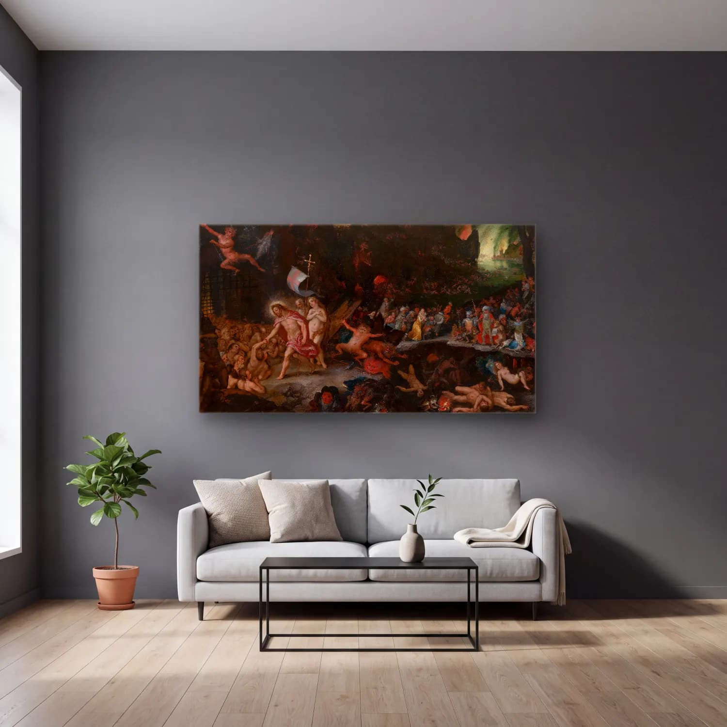 Jan Brueghel The Elder – Christ’s Descent into Limbo cam tablo — gri duvarlı salonda