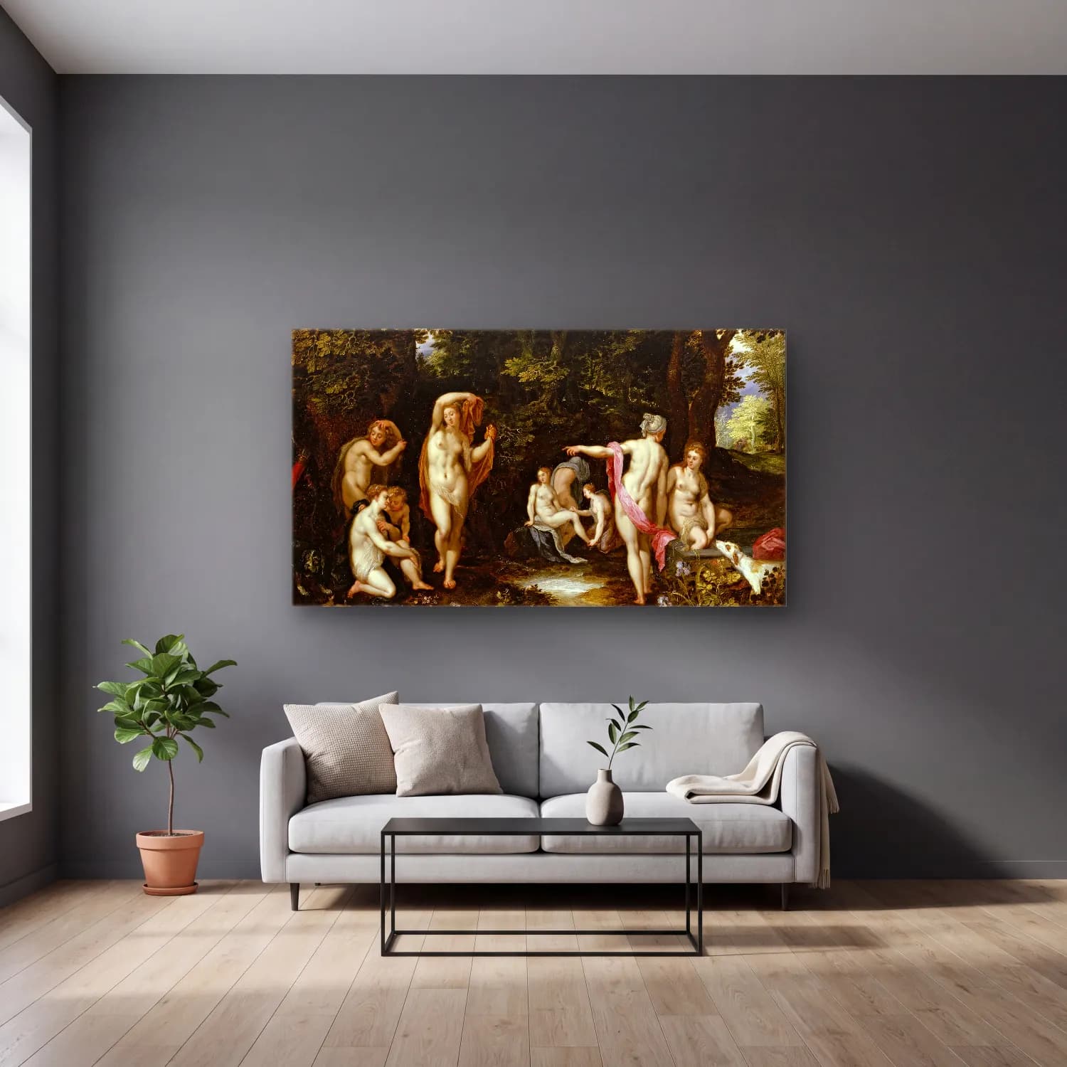 Jan Brueghel The Elder – Diana and Actaeon (circa 1600) cam tablo — gri duvarlı salonda