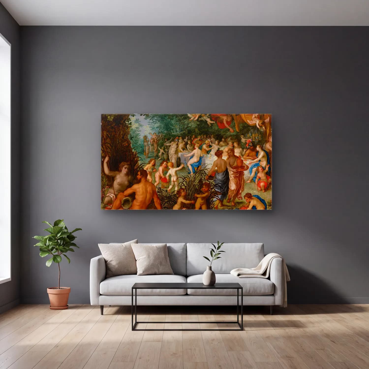 Jan Brueghel The Elder – Landscape With Wedding Of Peleus And Thetis cam tablo — gri duvarlı salonda