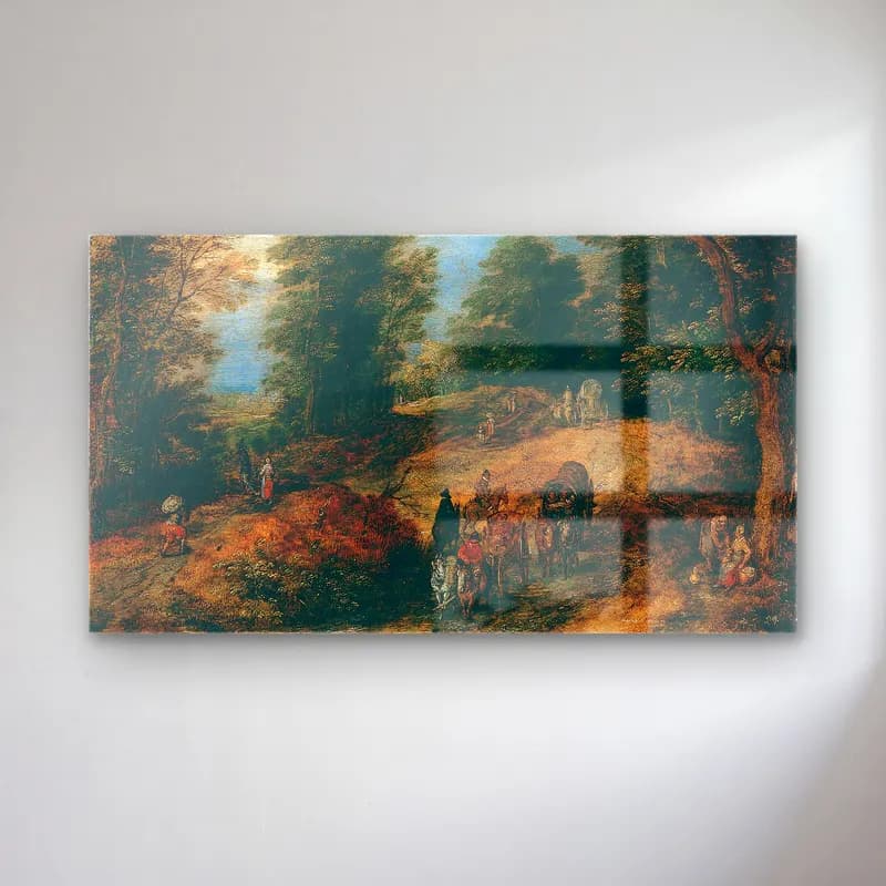 Jan Brueghel The Elder – Landscape with Travelers on a Woodland Path (ca. 1607) cam tablo — Jan Brueghel The Elder – Landscape with Travelers on a Woodland Path (ca. 1607) — yağlı boya savaş sahnesi