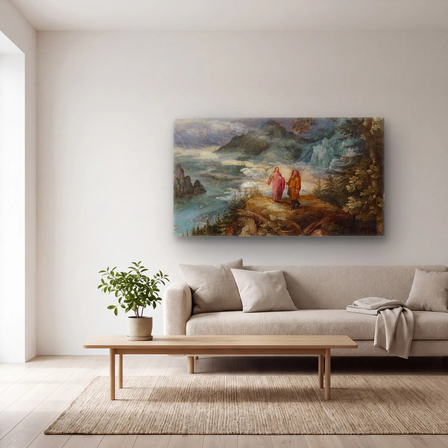 Jan Brueghel The Elder – Mountain Landscape With The Temptation Of Christ cam tablo — açık renk salonda