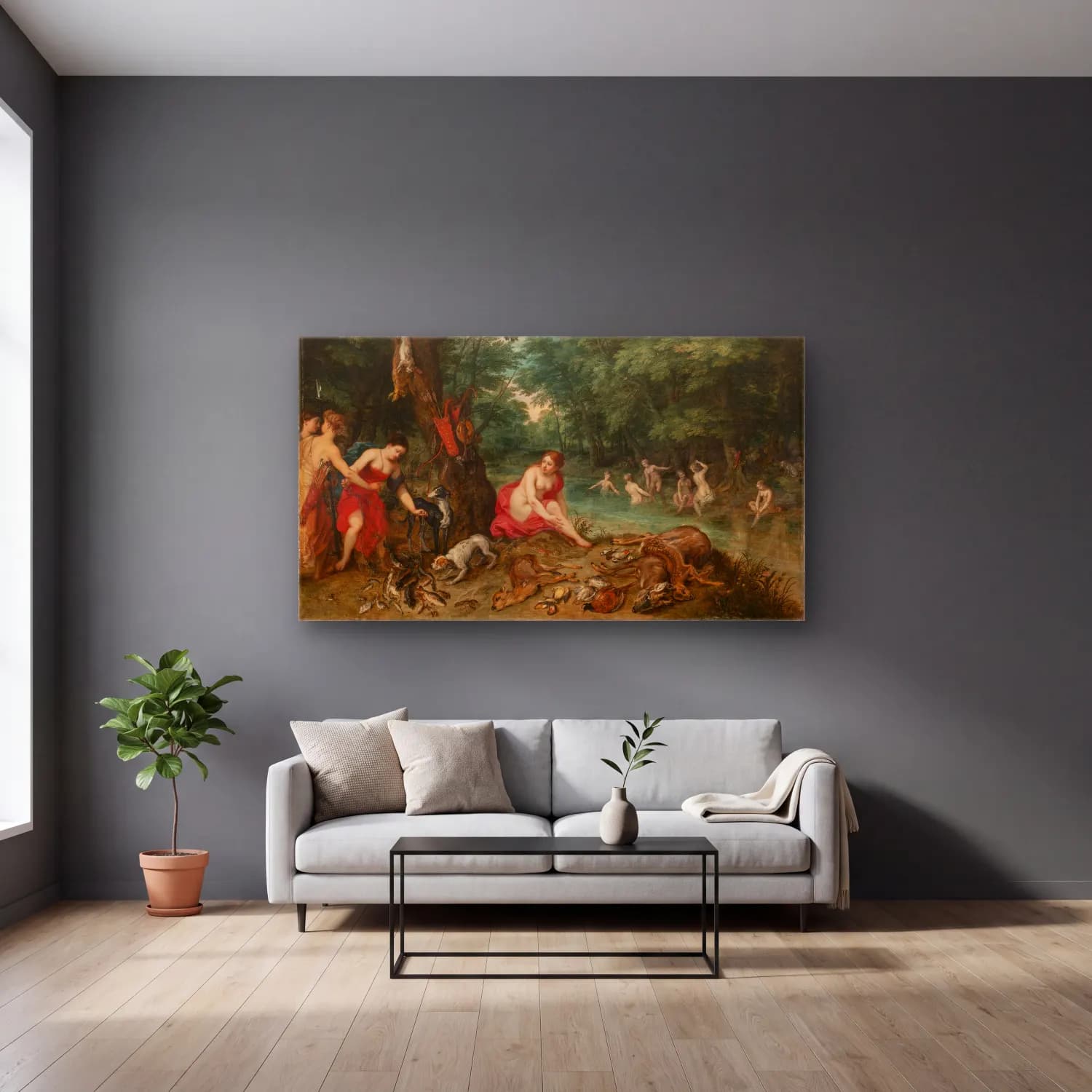 Jan Brueghel The Elder – Nymphs bathing cam tablo — gri duvarlı salonda