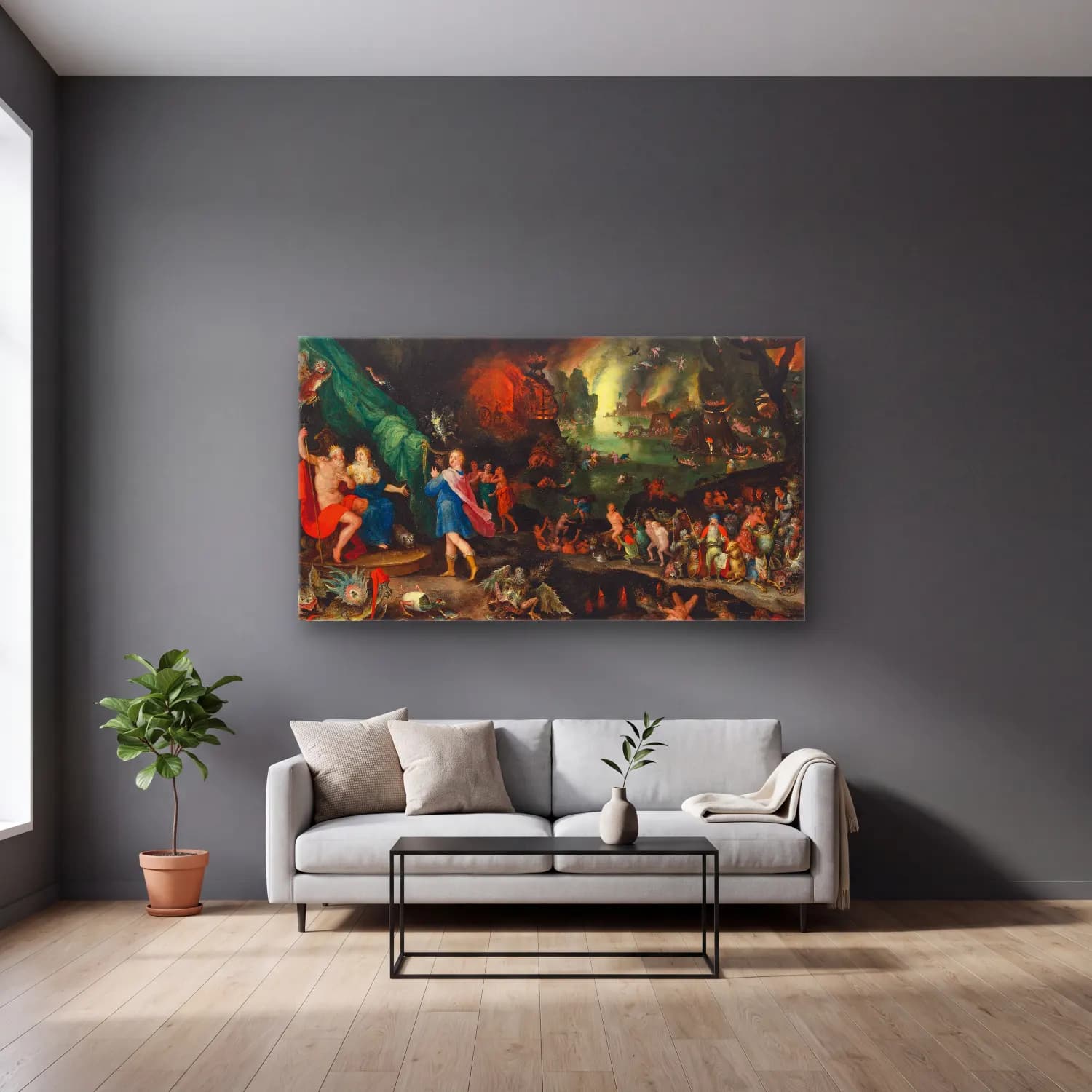 Jan Brueghel The Elder – Orphée aux Enfers cam tablo — gri duvarlı salonda
